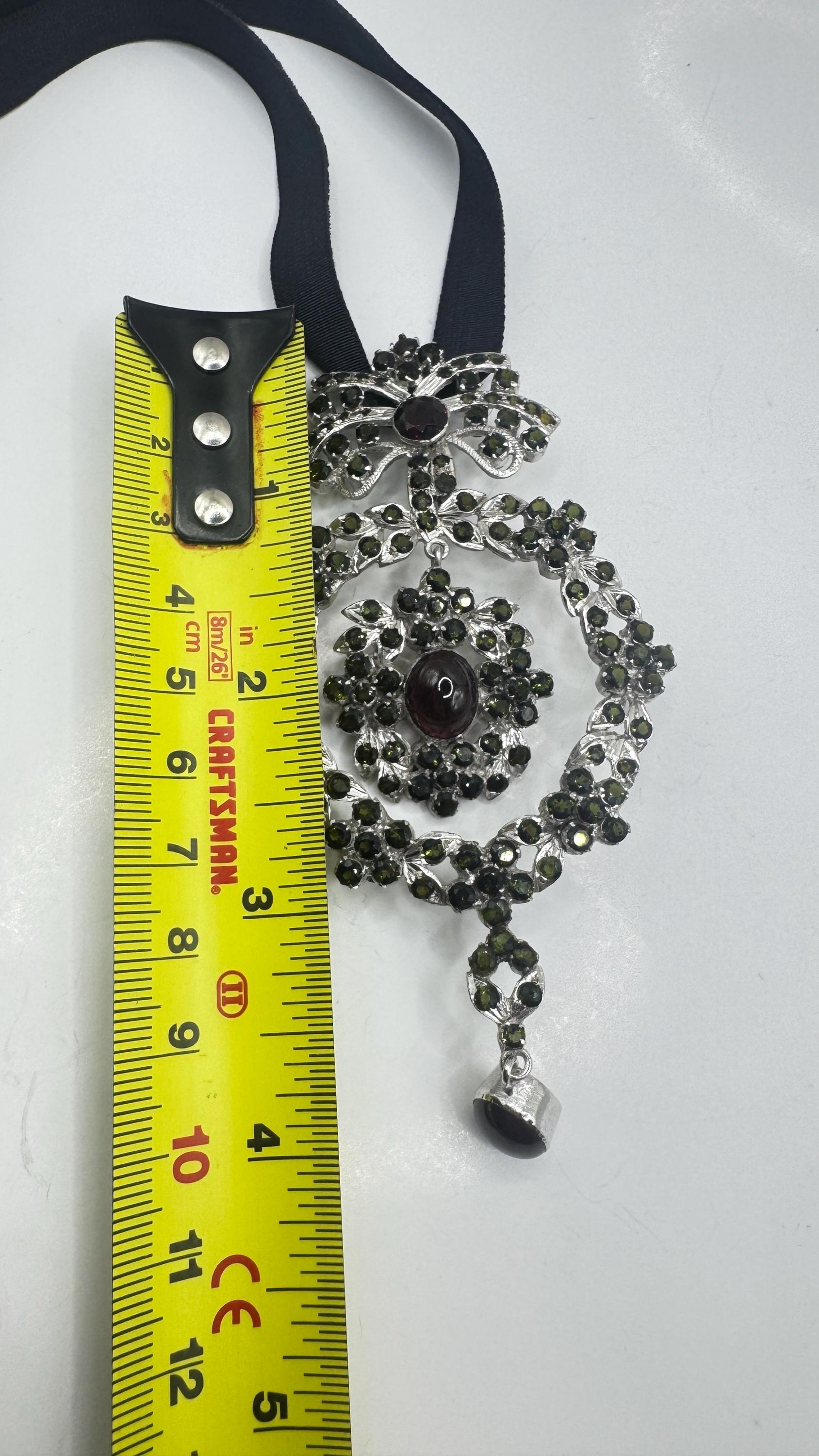 Vintage Green Toumaline 925 Sterling Silver Choker Deco Pendant