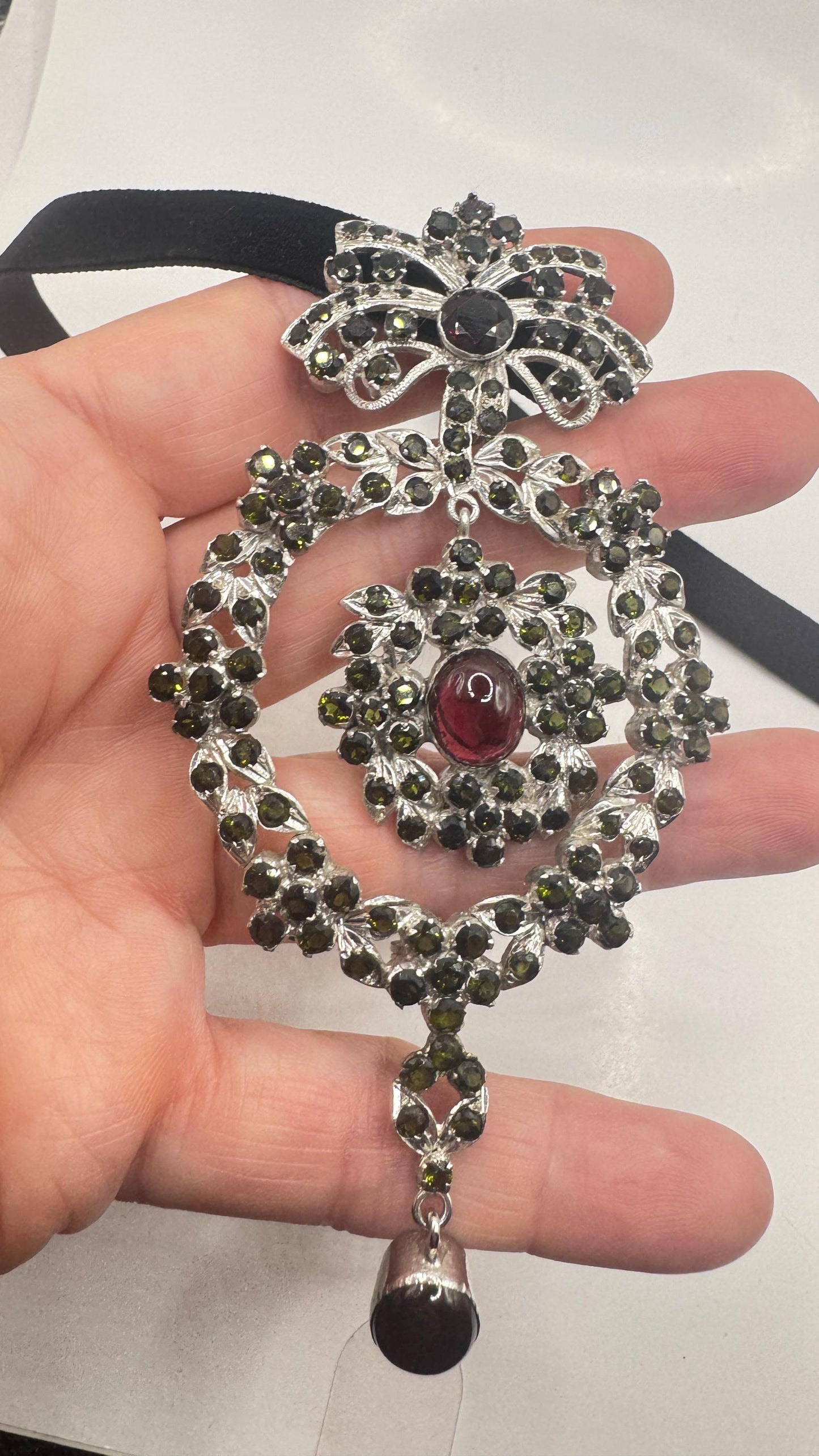 Vintage Green Toumaline 925 Sterling Silver Choker Deco Pendant