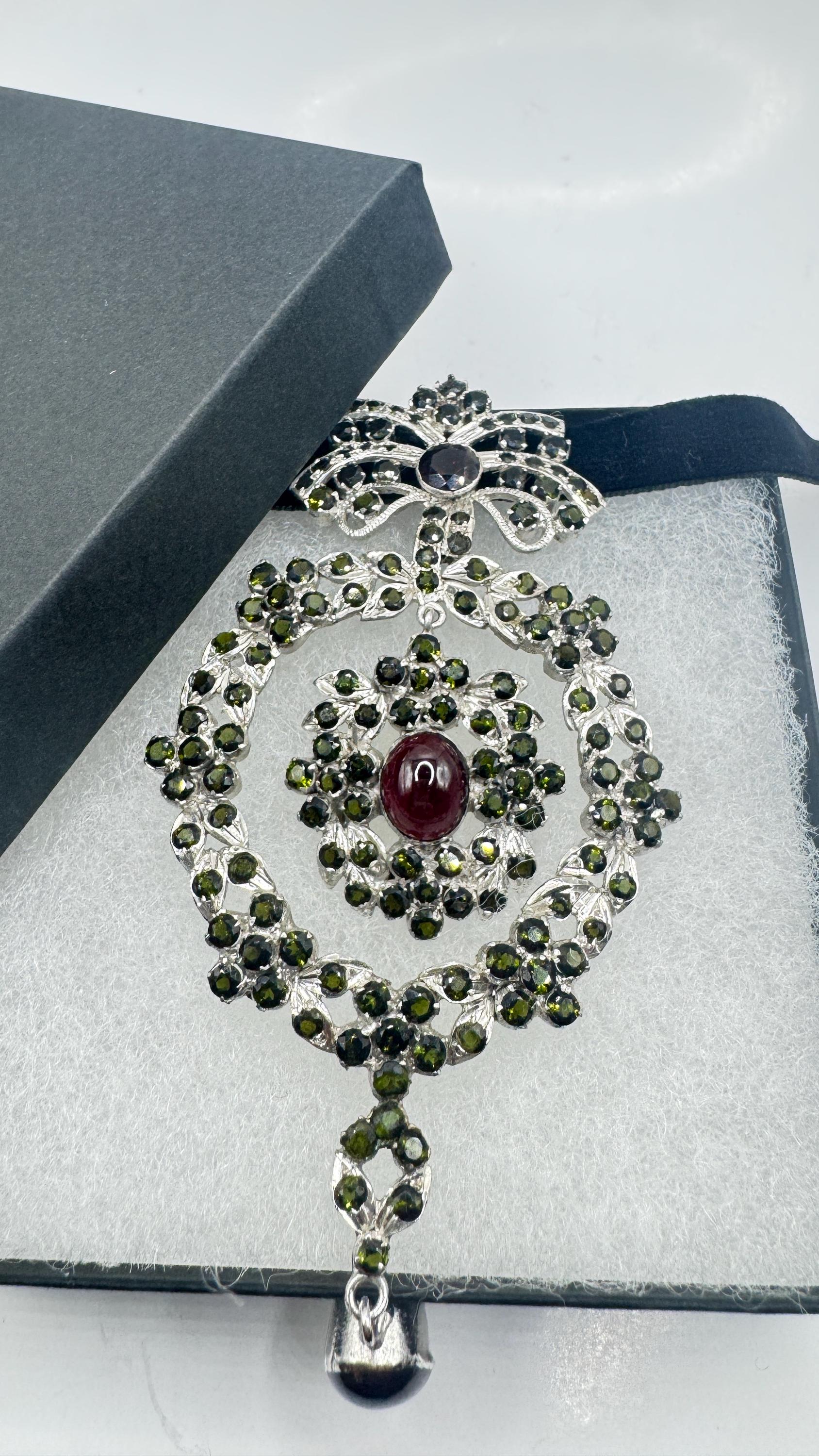 Vintage Green Toumaline 925 Sterling Silver Choker Deco Pendant
