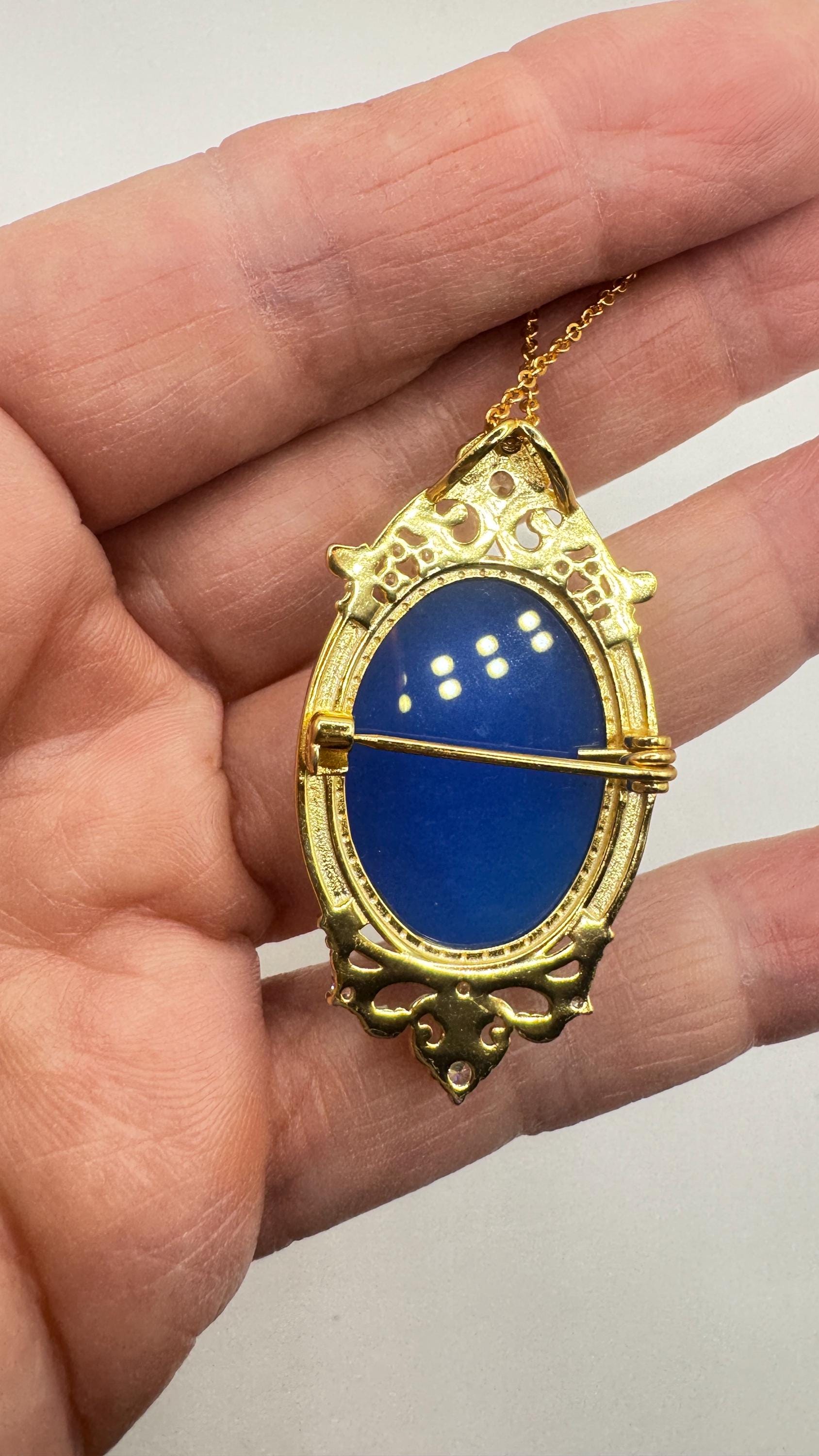 Vintage Blue Onyx Mermaid Cameo Golden Sterling Silver Necklace Choker Pin