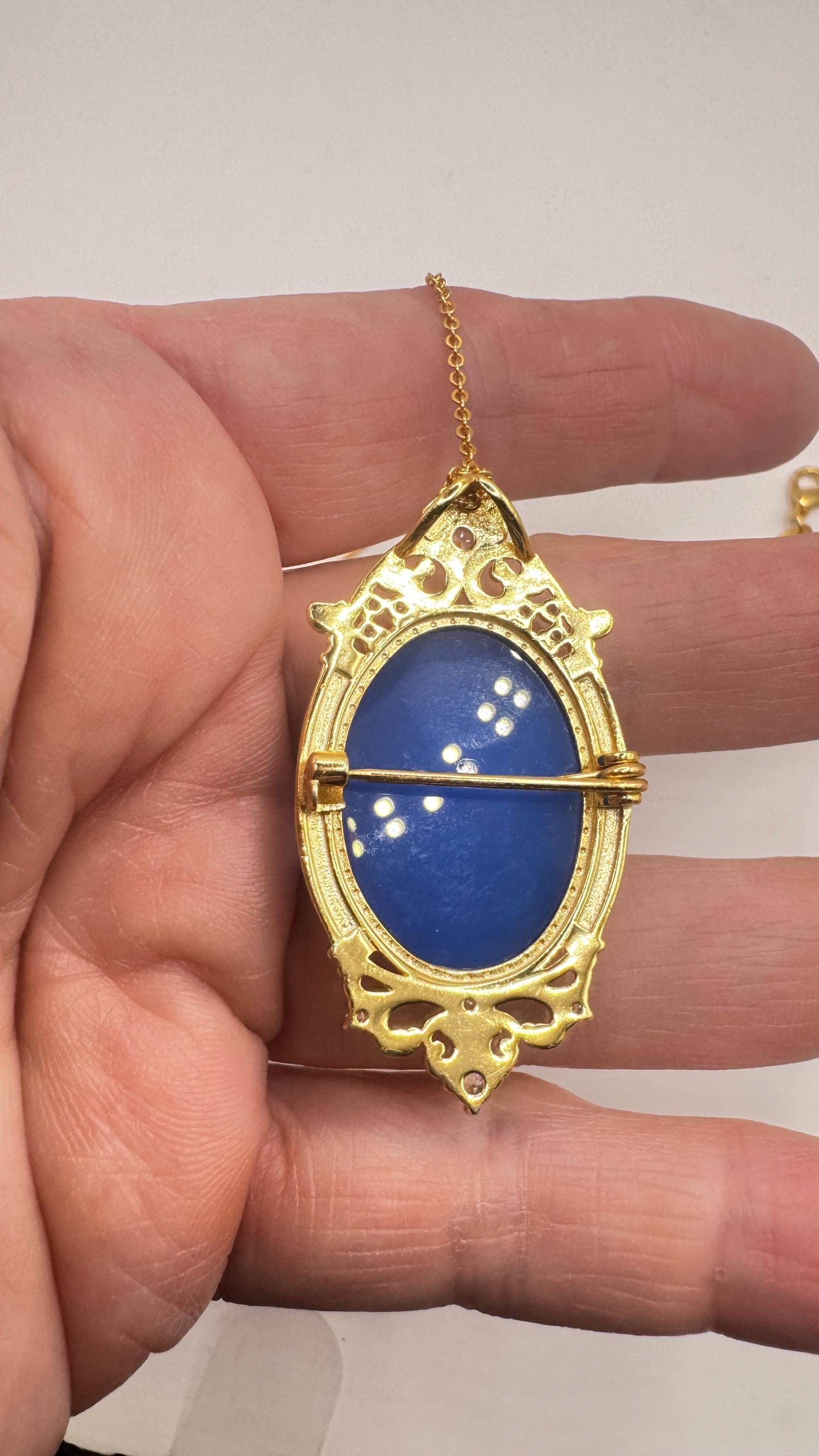 Vintage Blue Onyx Mermaid Cameo Golden Sterling Silver Necklace Choker Pin