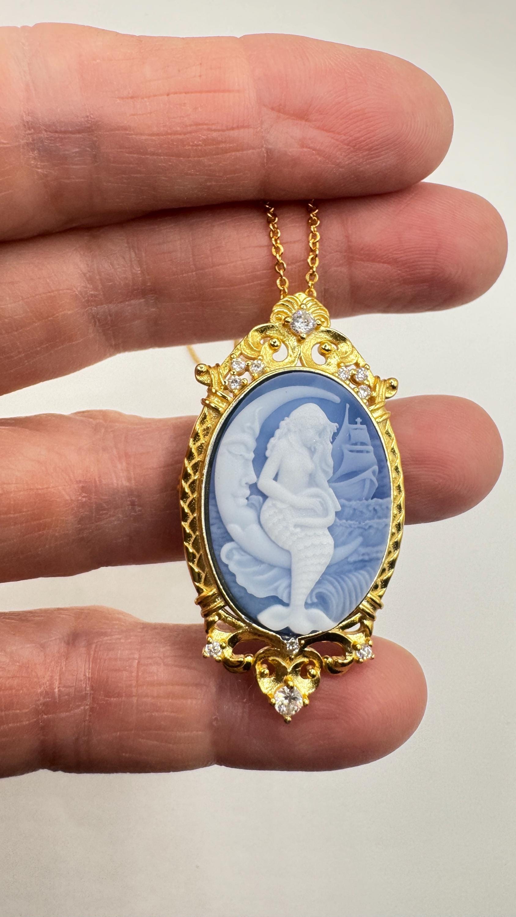 Vintage Blue Onyx Mermaid Cameo Golden Sterling Silver Necklace Choker Pin