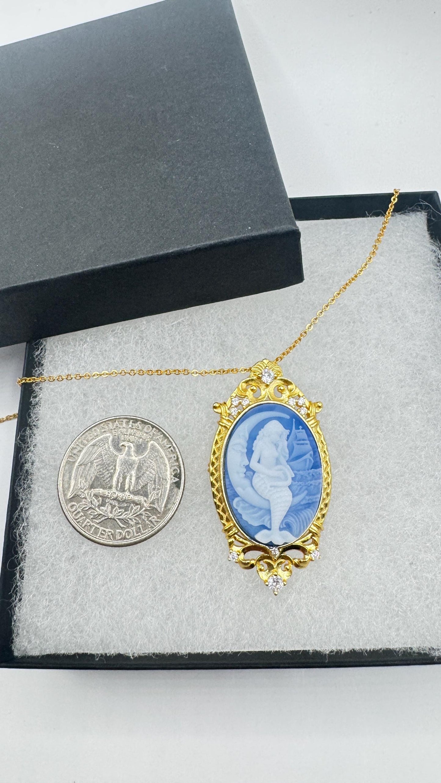 Vintage Blue Onyx Mermaid Cameo Golden Sterling Silver Necklace Choker Pin