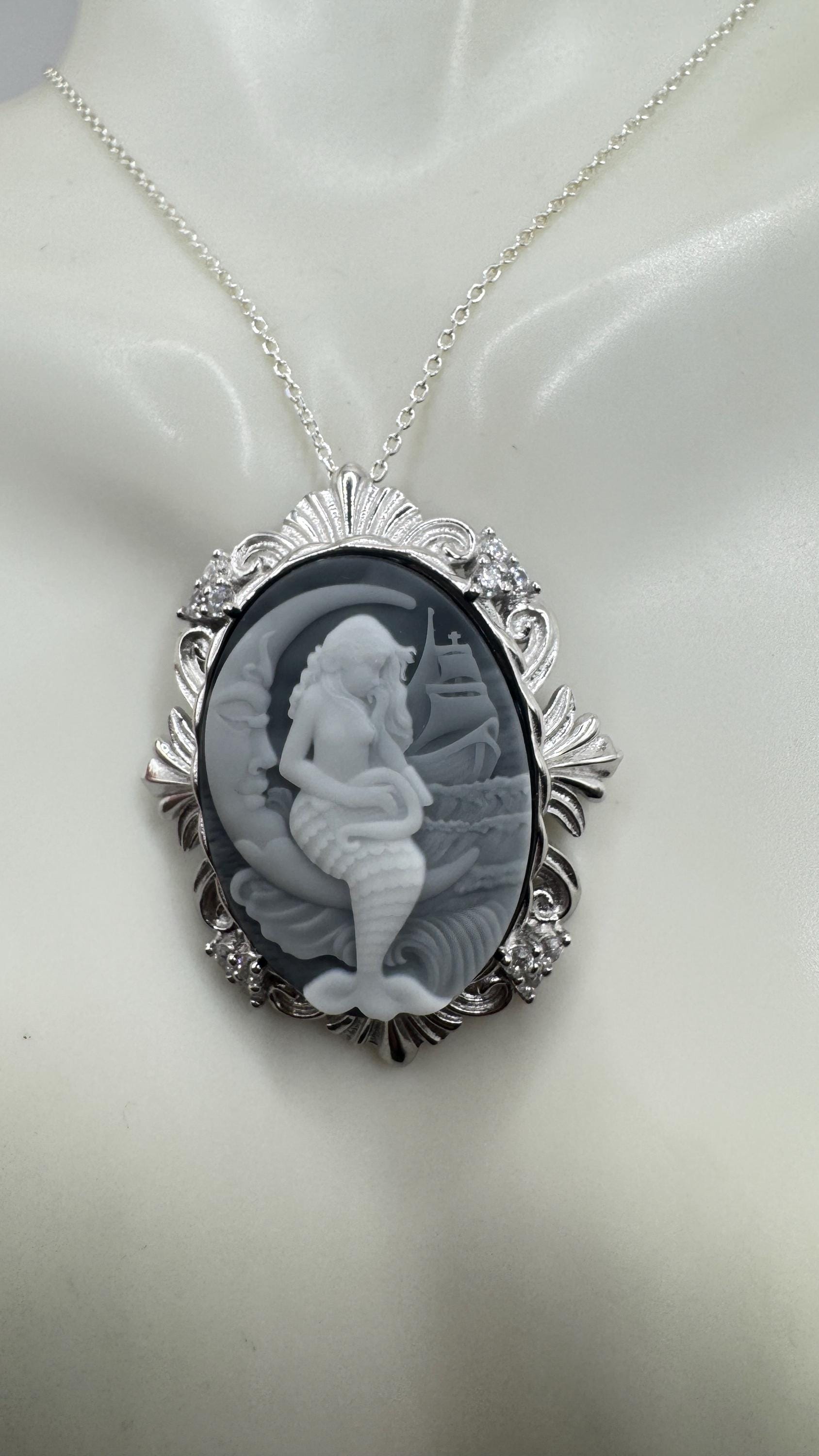 Vintage Black Onyx Mermaid Cameo Sterling Silver Necklace Choker