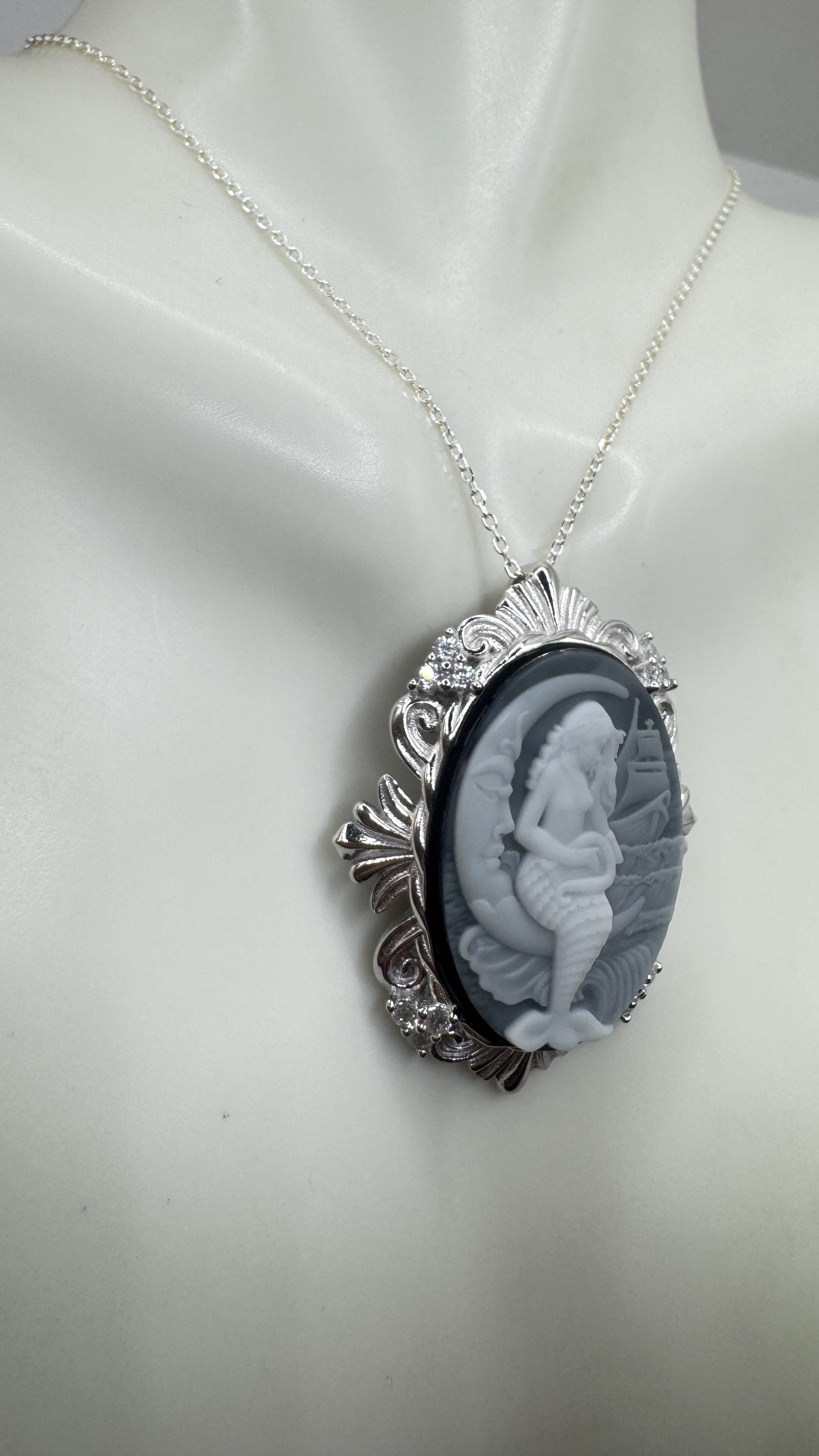 Vintage Black Onyx Mermaid Cameo Sterling Silver Necklace Choker