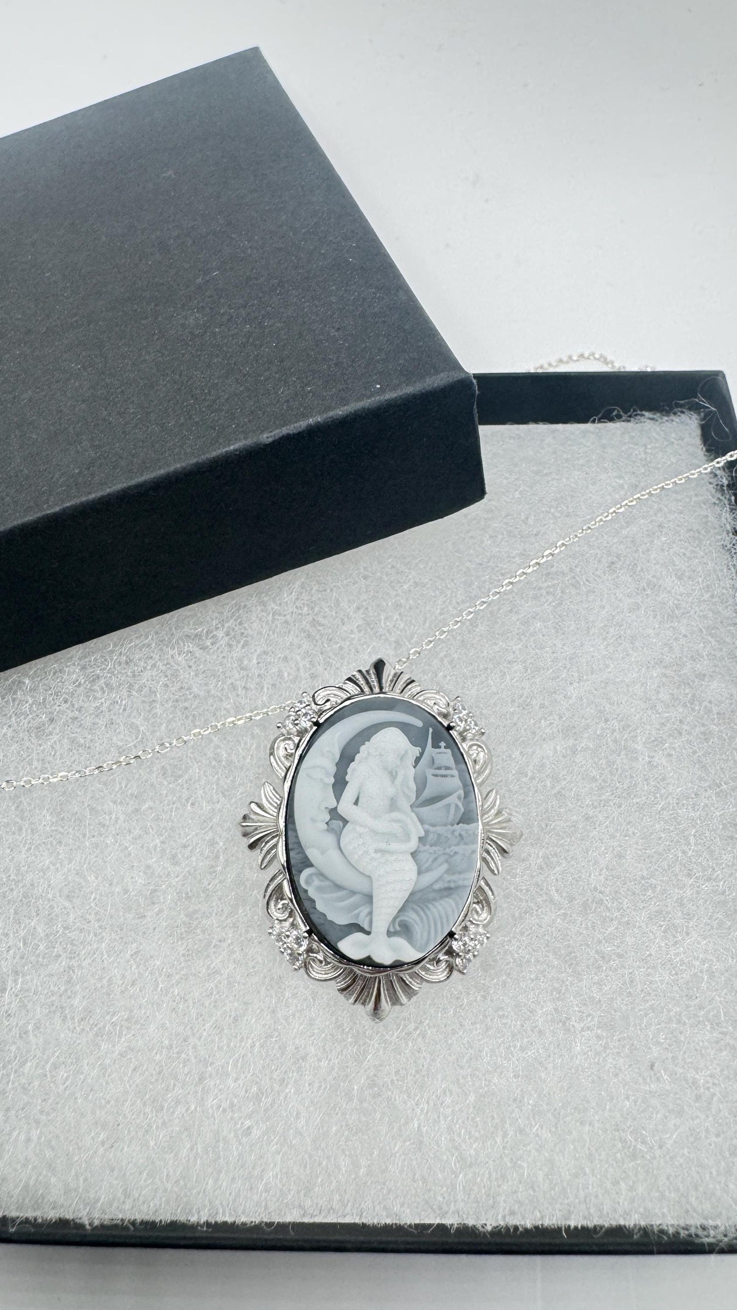 Vintage Black Onyx Mermaid Cameo Sterling Silver Necklace Choker