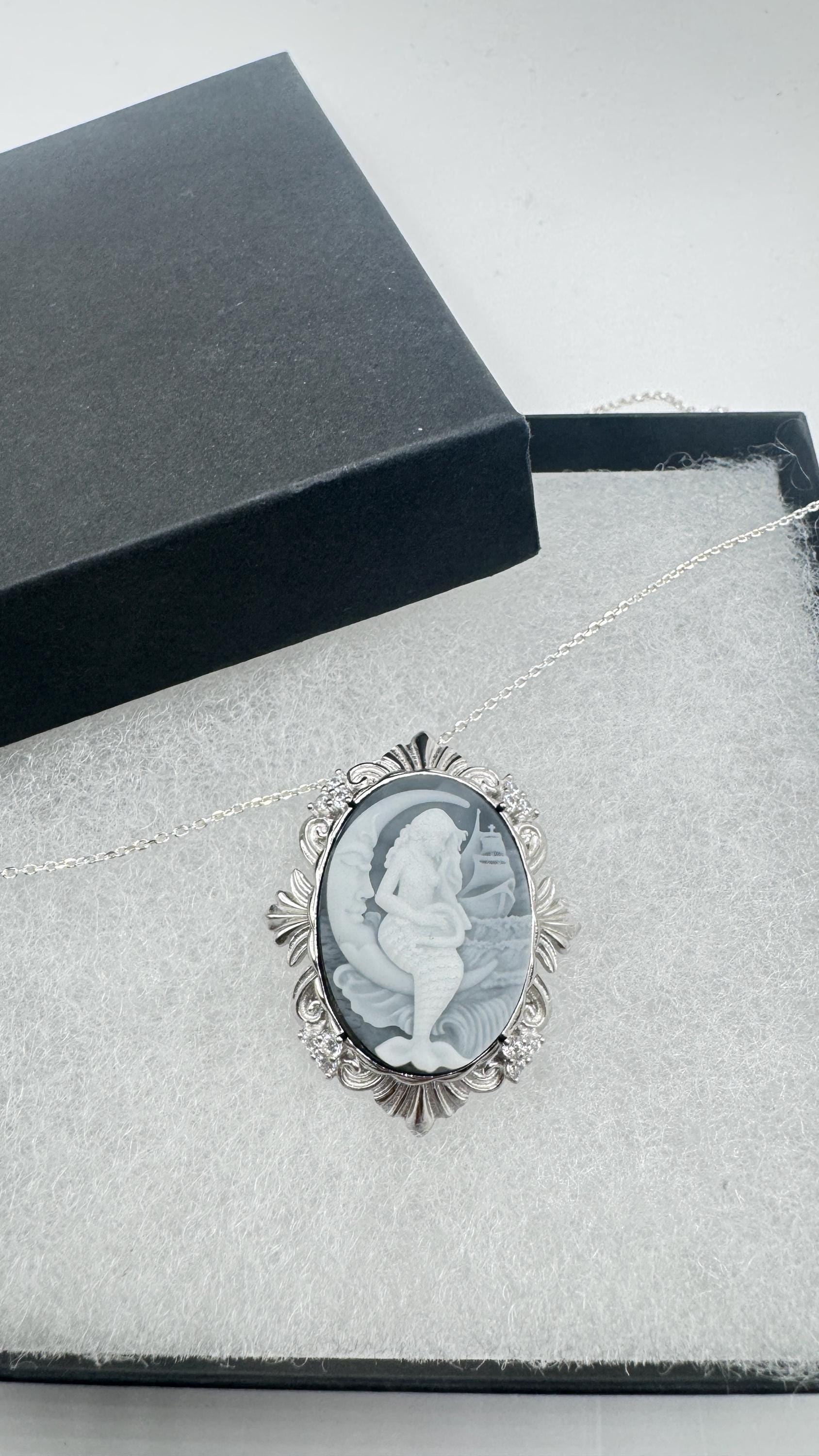 Vintage Black Onyx Mermaid Cameo Sterling Silver Necklace Choker