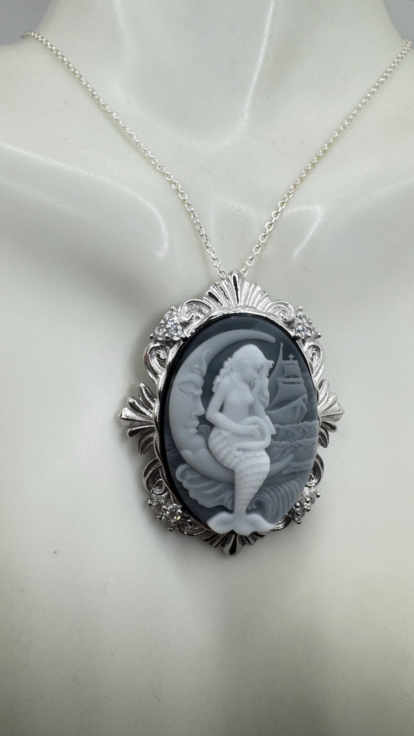 Vintage Black Onyx Mermaid Cameo Sterling Silver Necklace Choker
