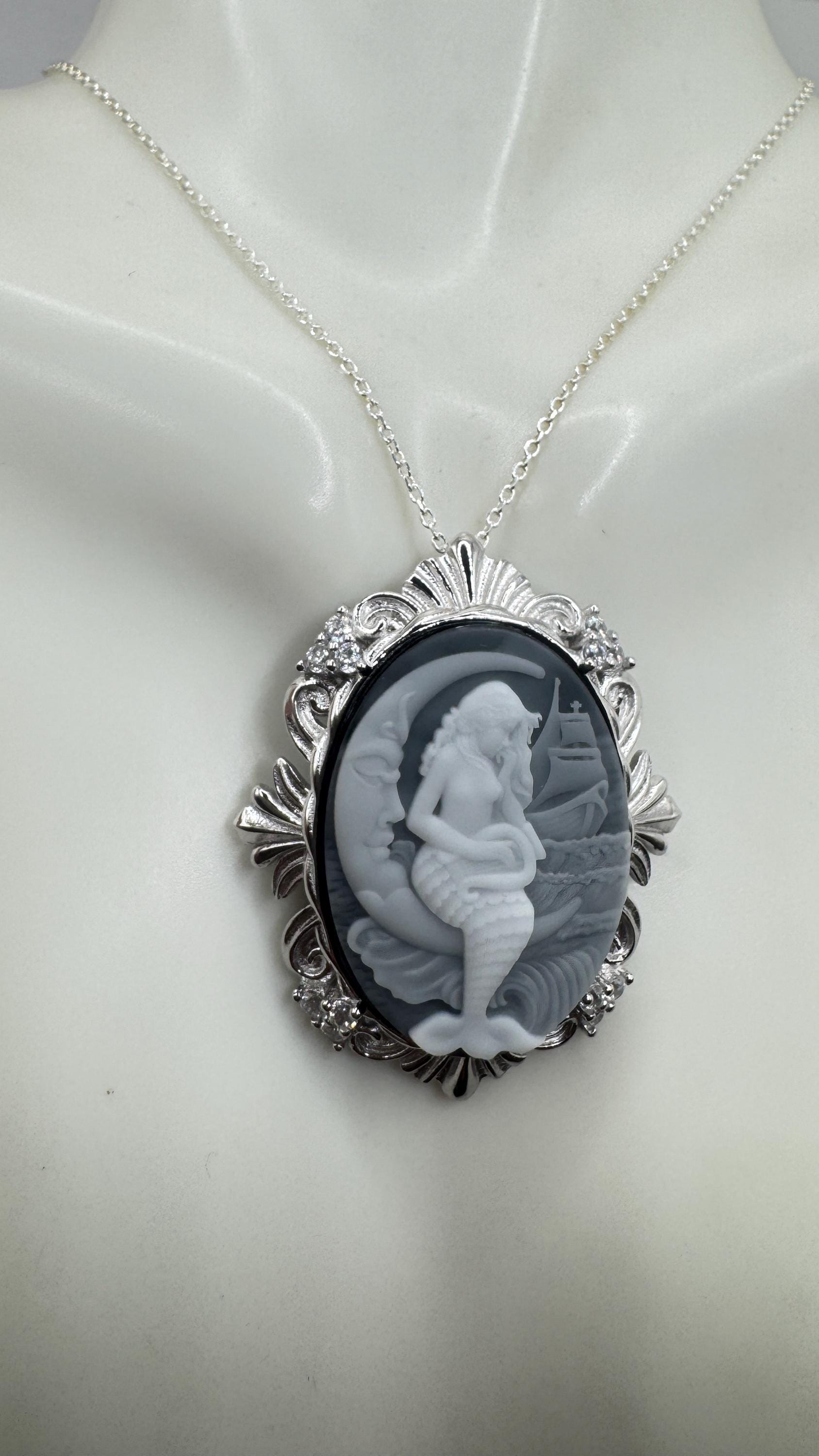 Vintage Black Onyx Mermaid Cameo Sterling Silver Necklace Choker