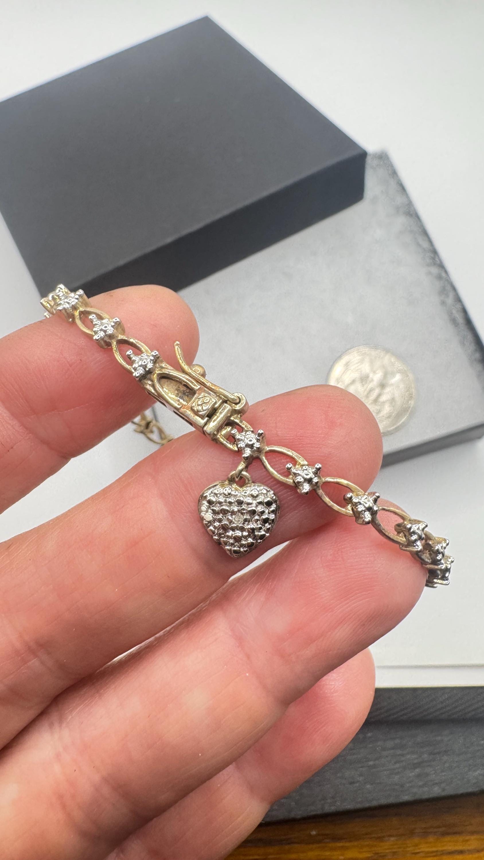 Vintage Diamond Heart Bracelet 925 Sterling Silver