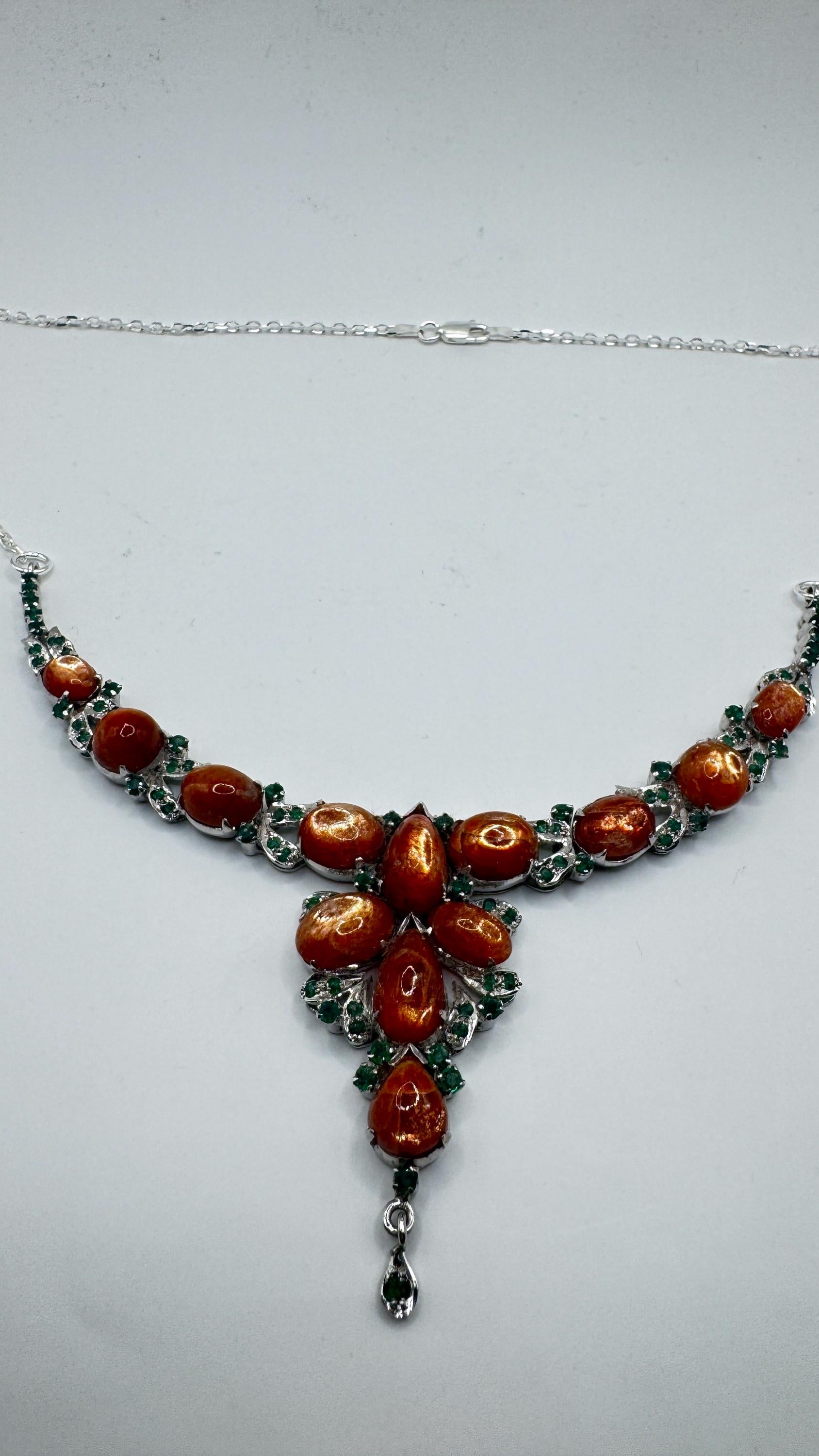 Vintage Sunstone Emerald 925 Sterling Silver Choker Necklace