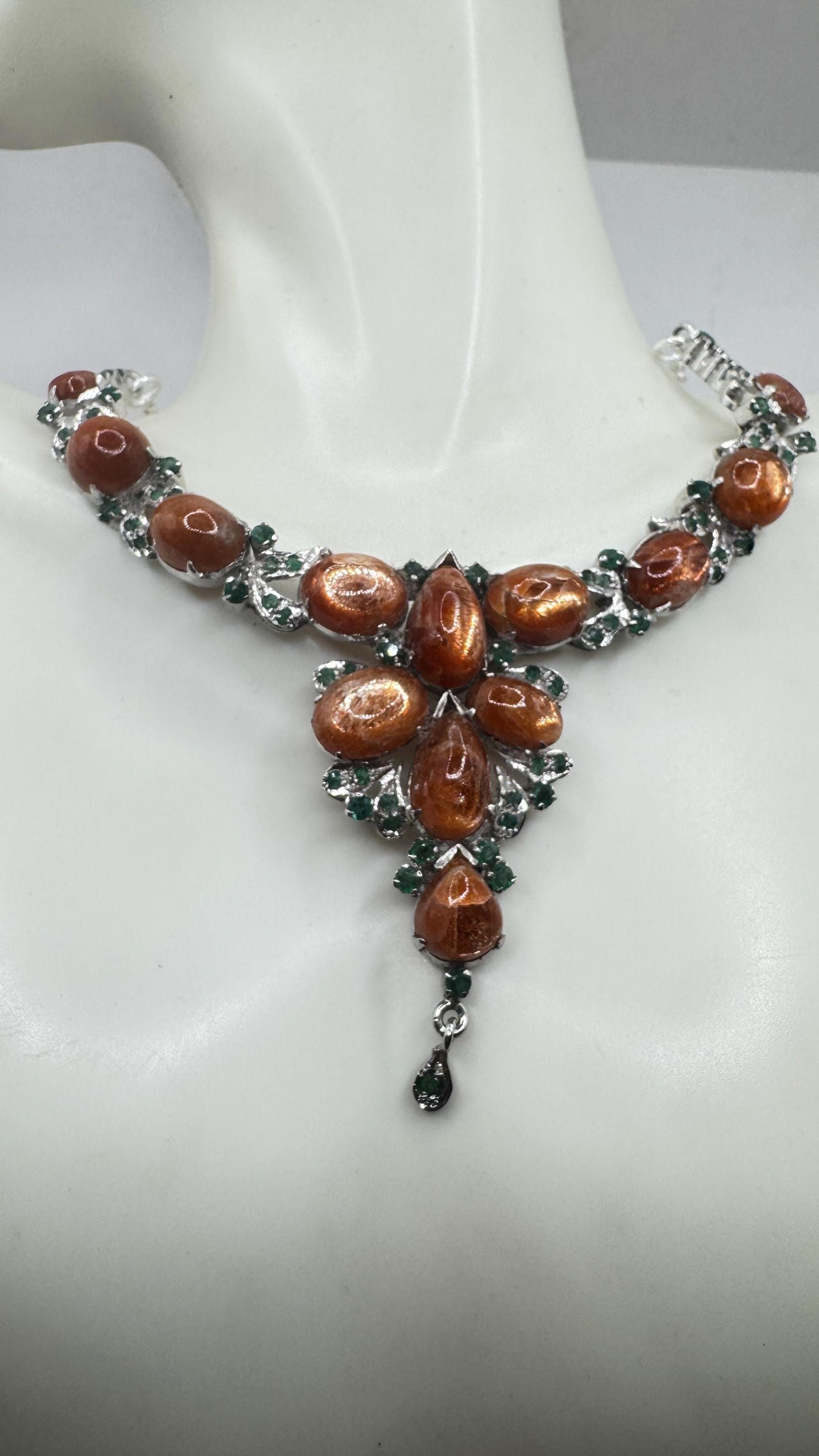 Vintage Sunstone Emerald 925 Sterling Silver Choker Necklace
