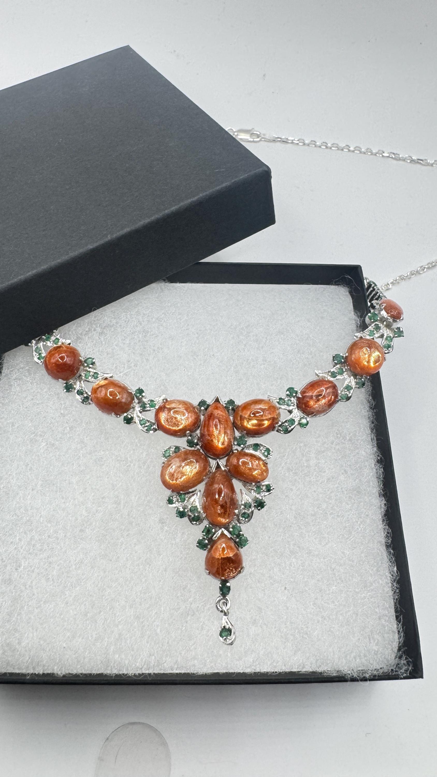 Vintage Sunstone Emerald 925 Sterling Silver Choker Necklace