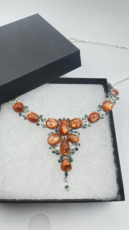 Vintage Sunstone Emerald 925 Sterling Silver Choker Necklace