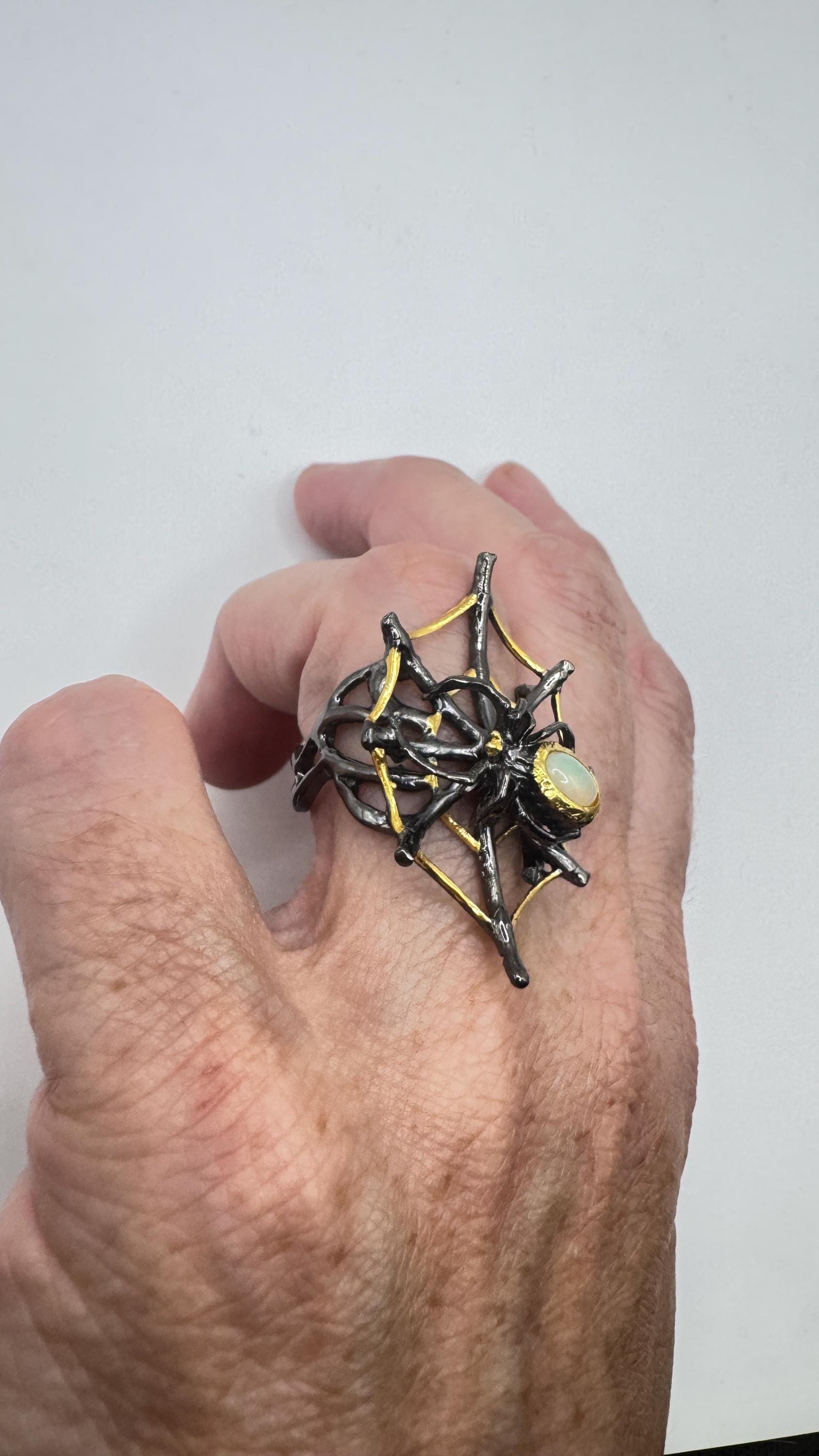 Vintage Fire Opal 925 Sterling Silver Spider Cob Web Ring