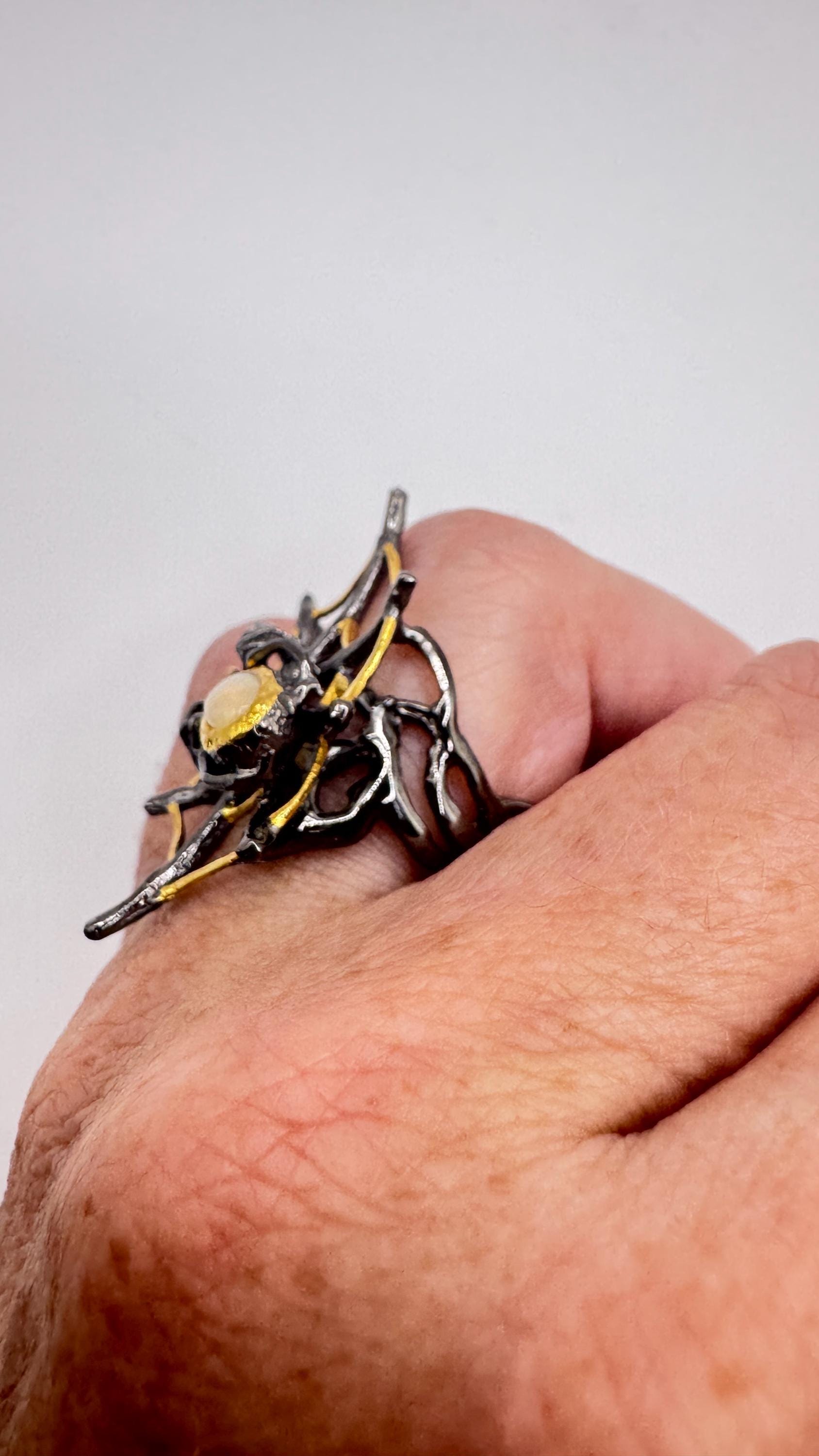 Vintage Fire Opal 925 Sterling Silver Spider Cob Web Ring