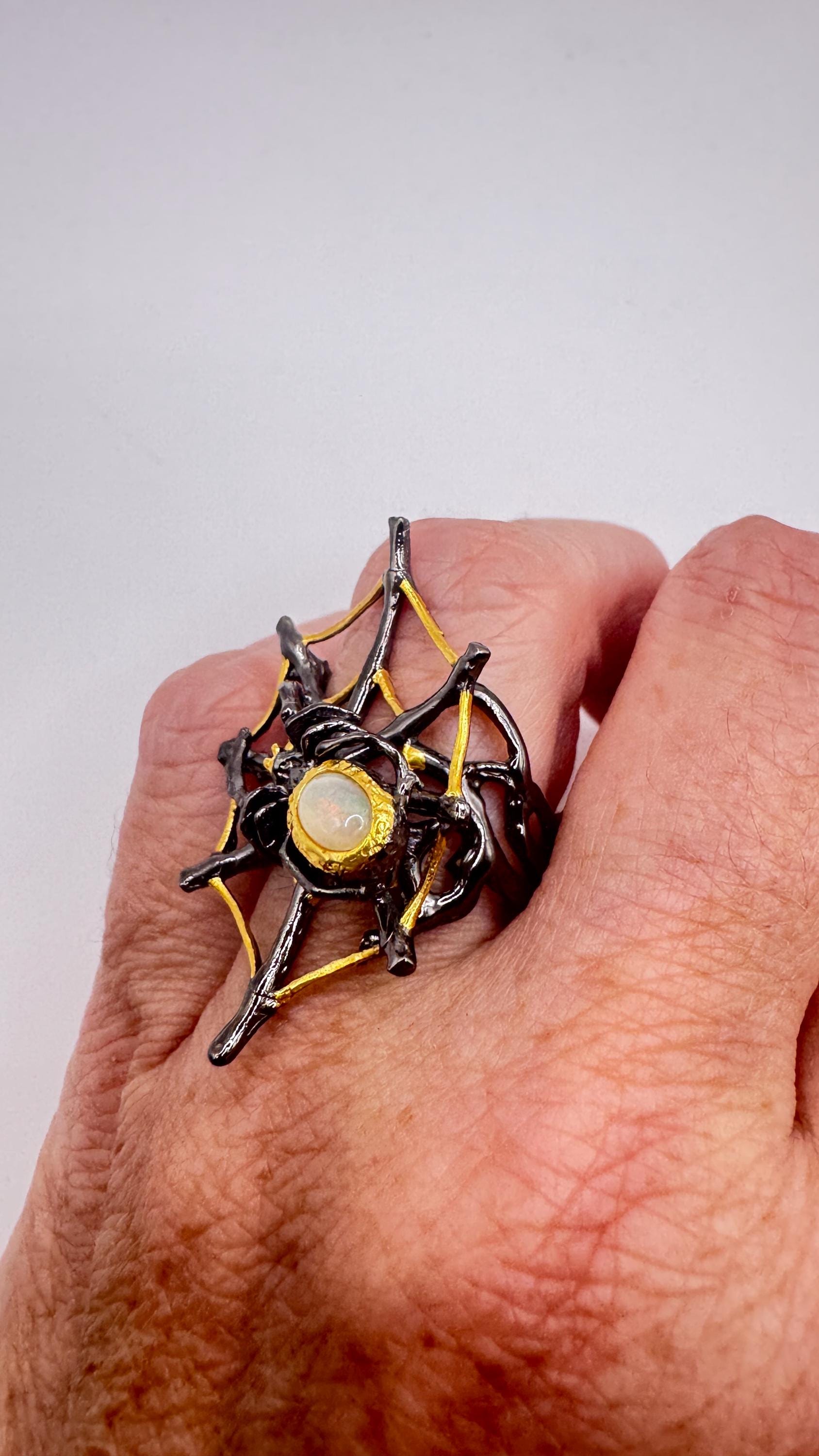 Vintage Fire Opal 925 Sterling Silver Spider Cob Web Ring