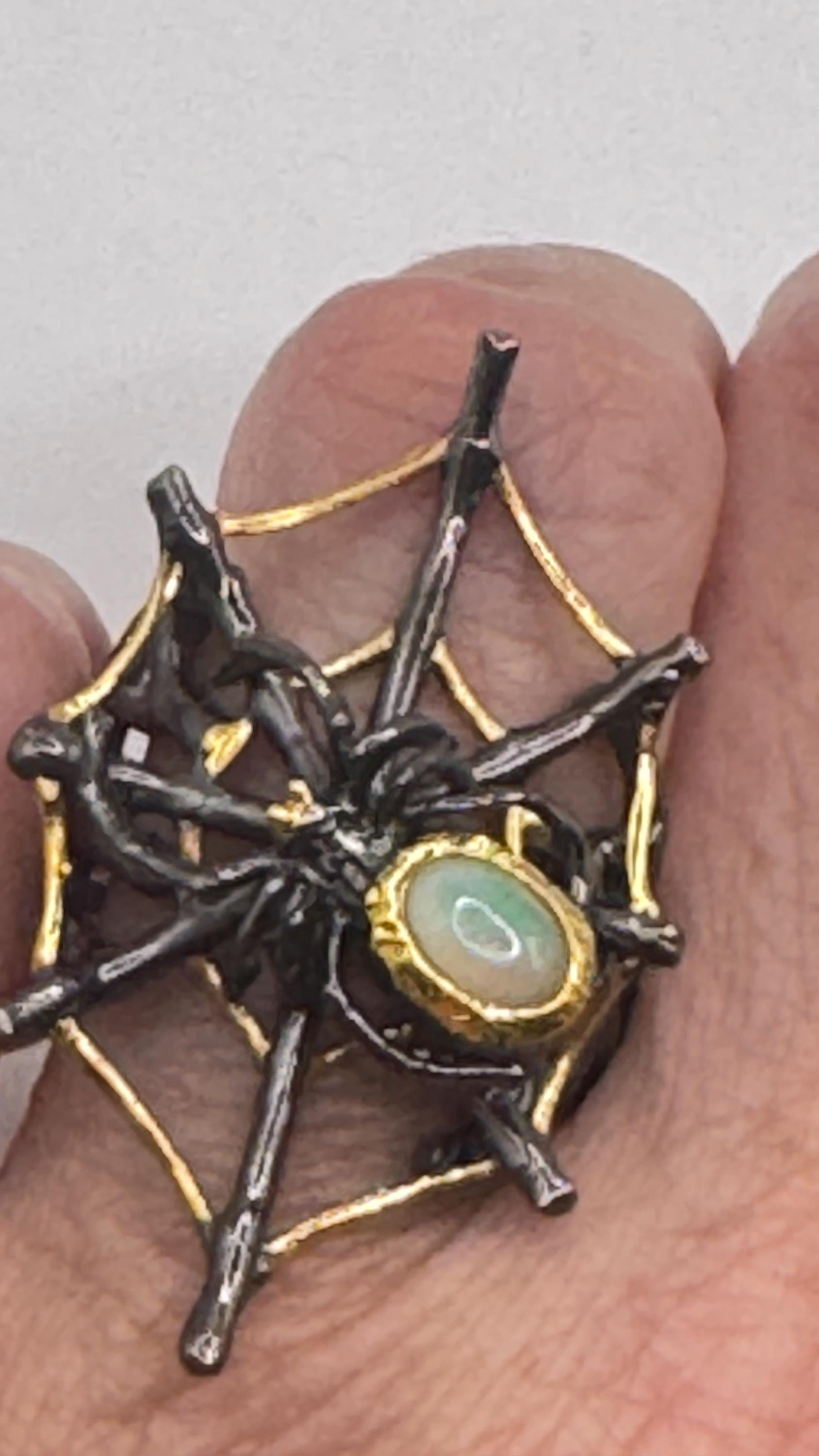 Vintage Fire Opal 925 Sterling Silver Spider Cob Web Ring
