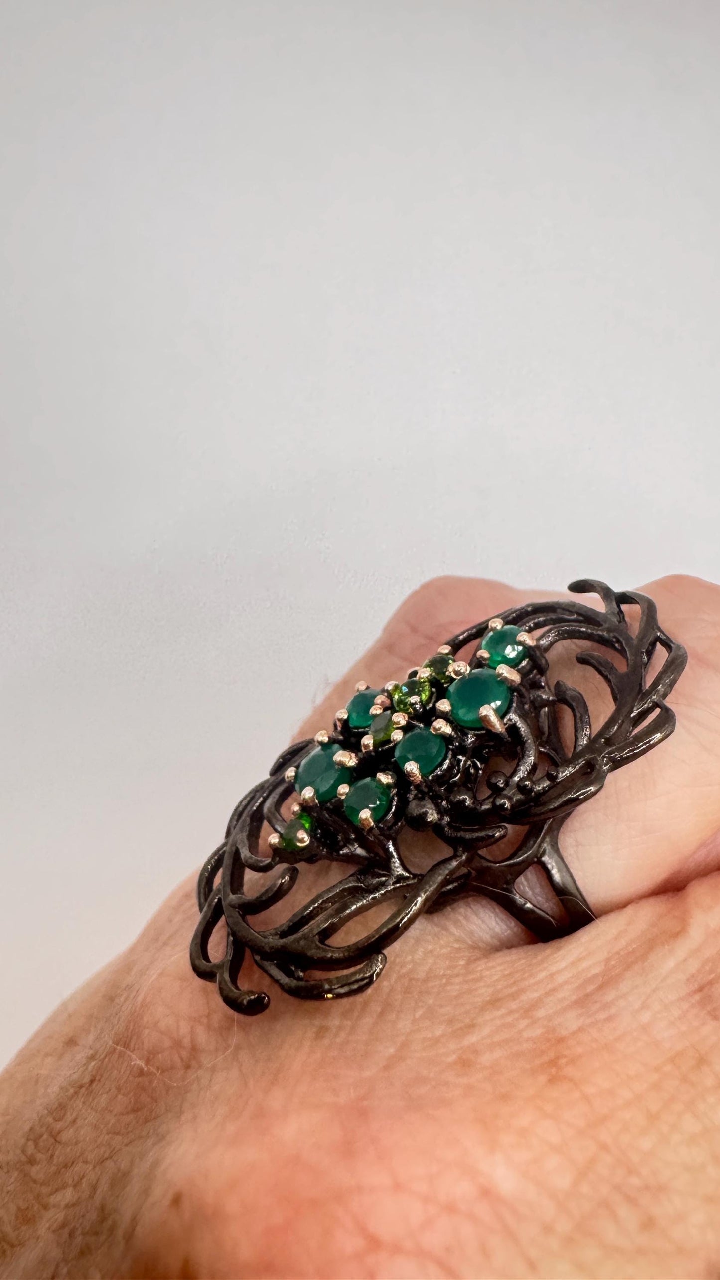 Vintage Green Emerald and Peridot 925 Sterling Silver Cocktail Ring