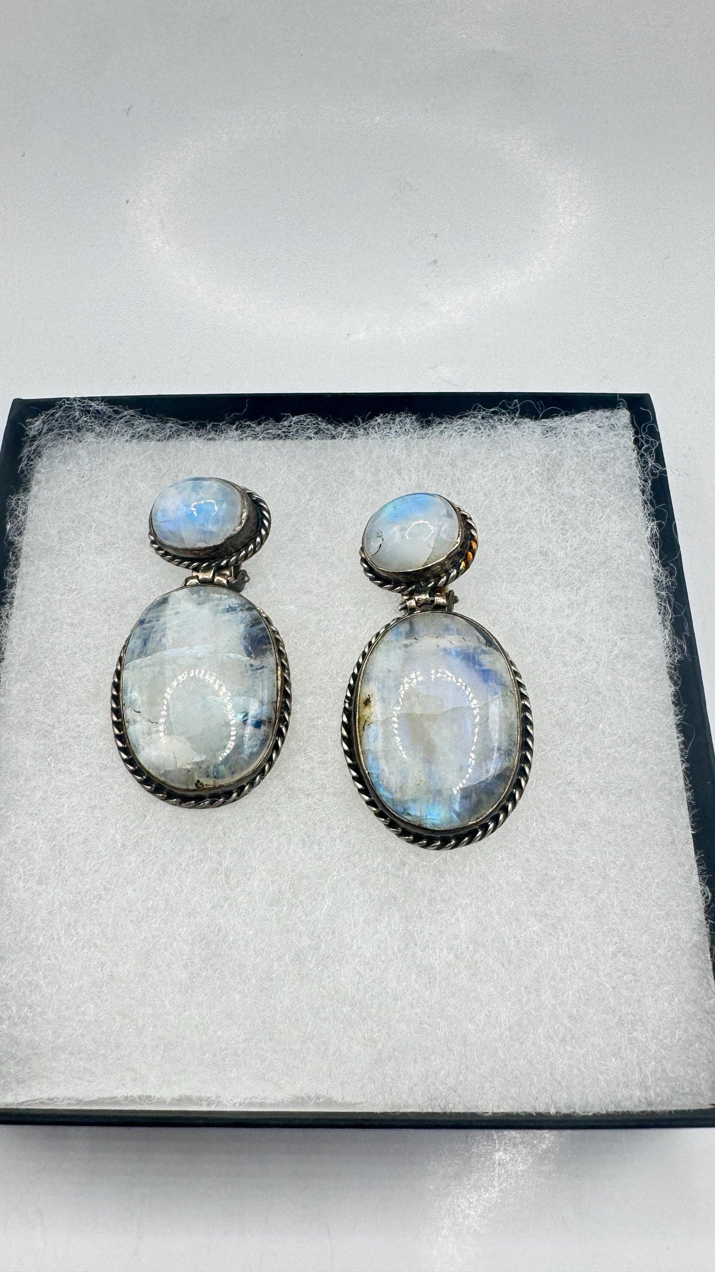 Vintage Rainbow Moonstone Sterling Silver Lever Back Dangle Earrings