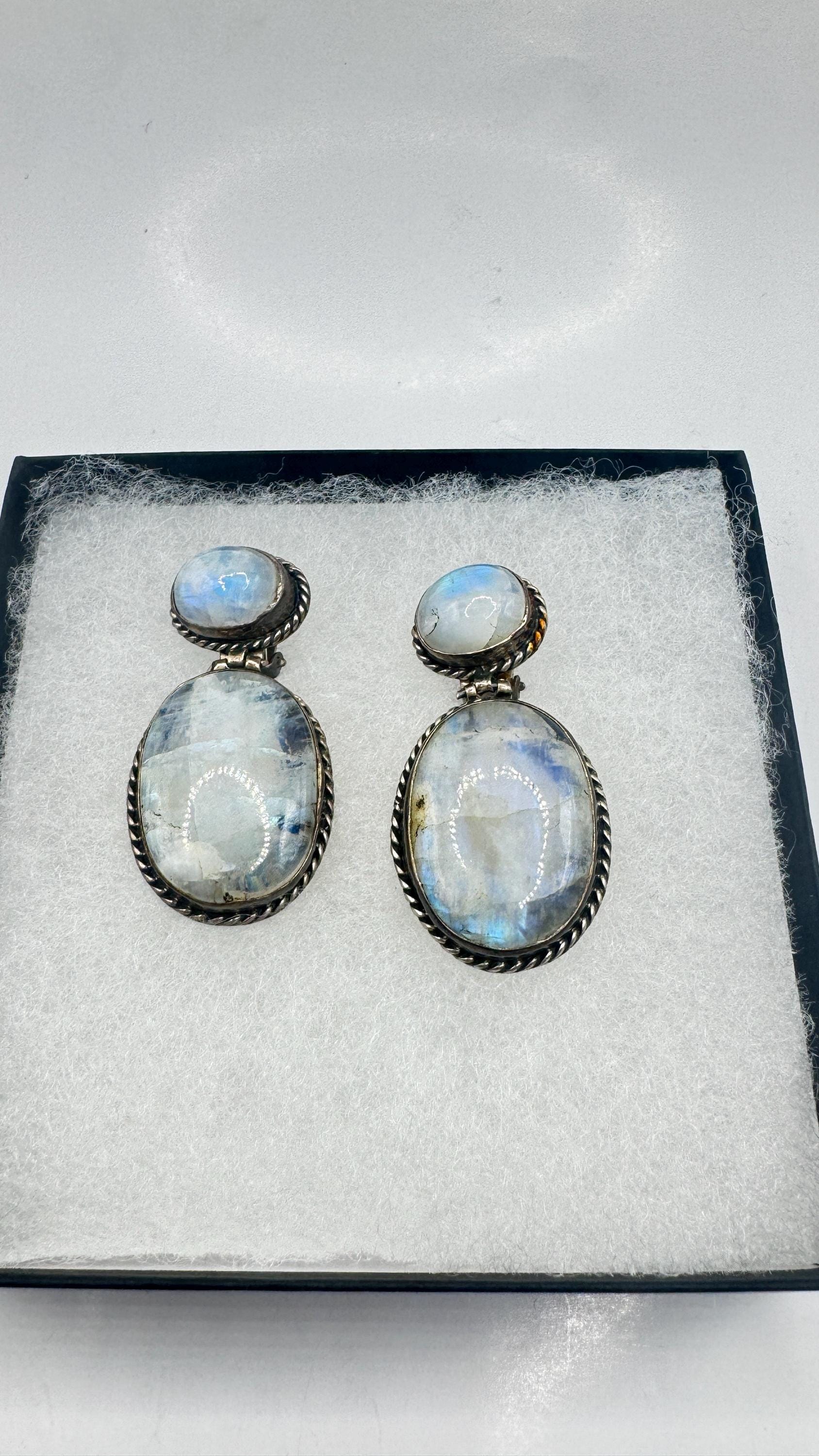 Vintage Rainbow Moonstone Sterling Silver Lever Back Dangle Earrings