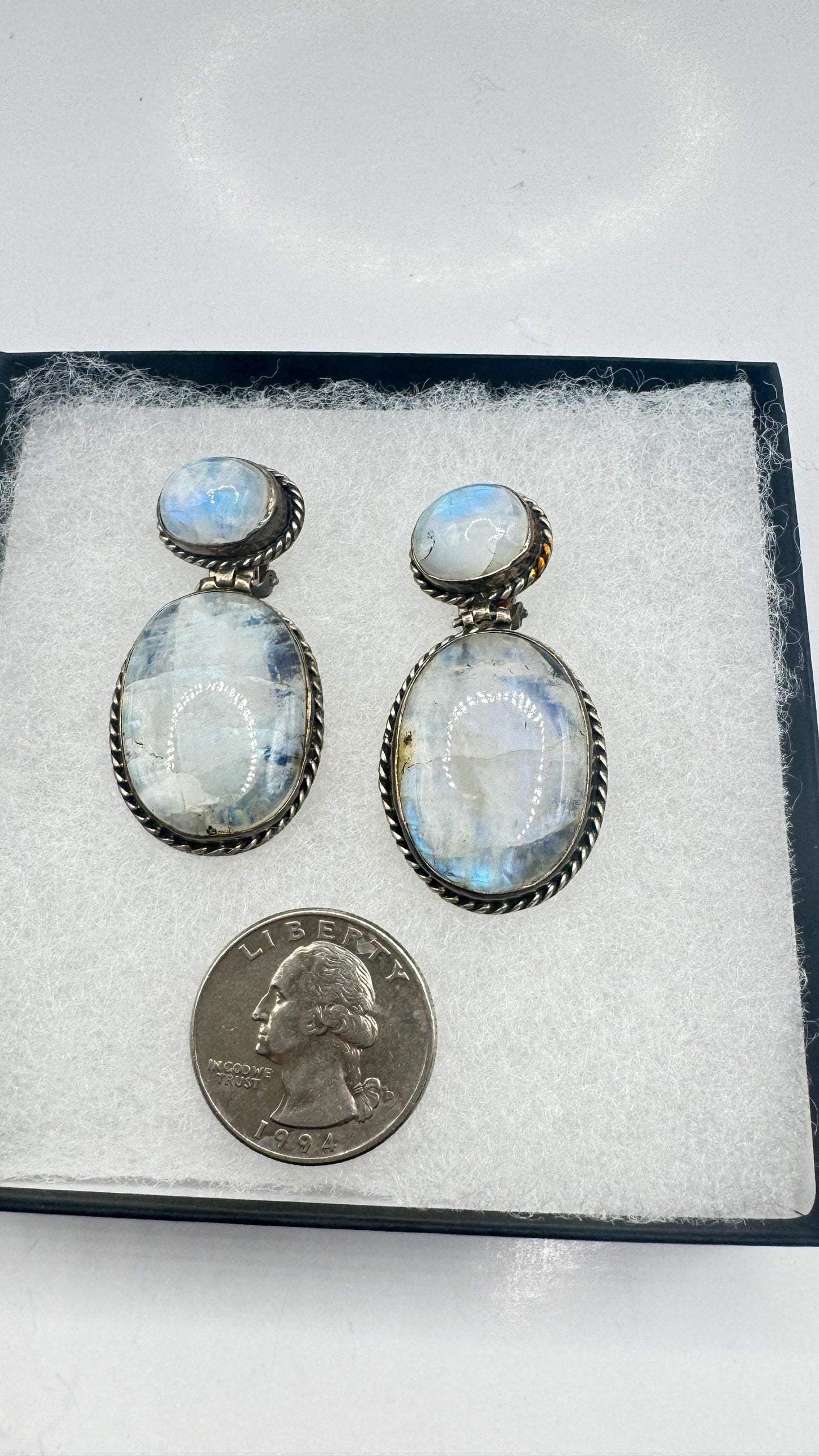Vintage Rainbow Moonstone Sterling Silver Lever Back Dangle Earrings