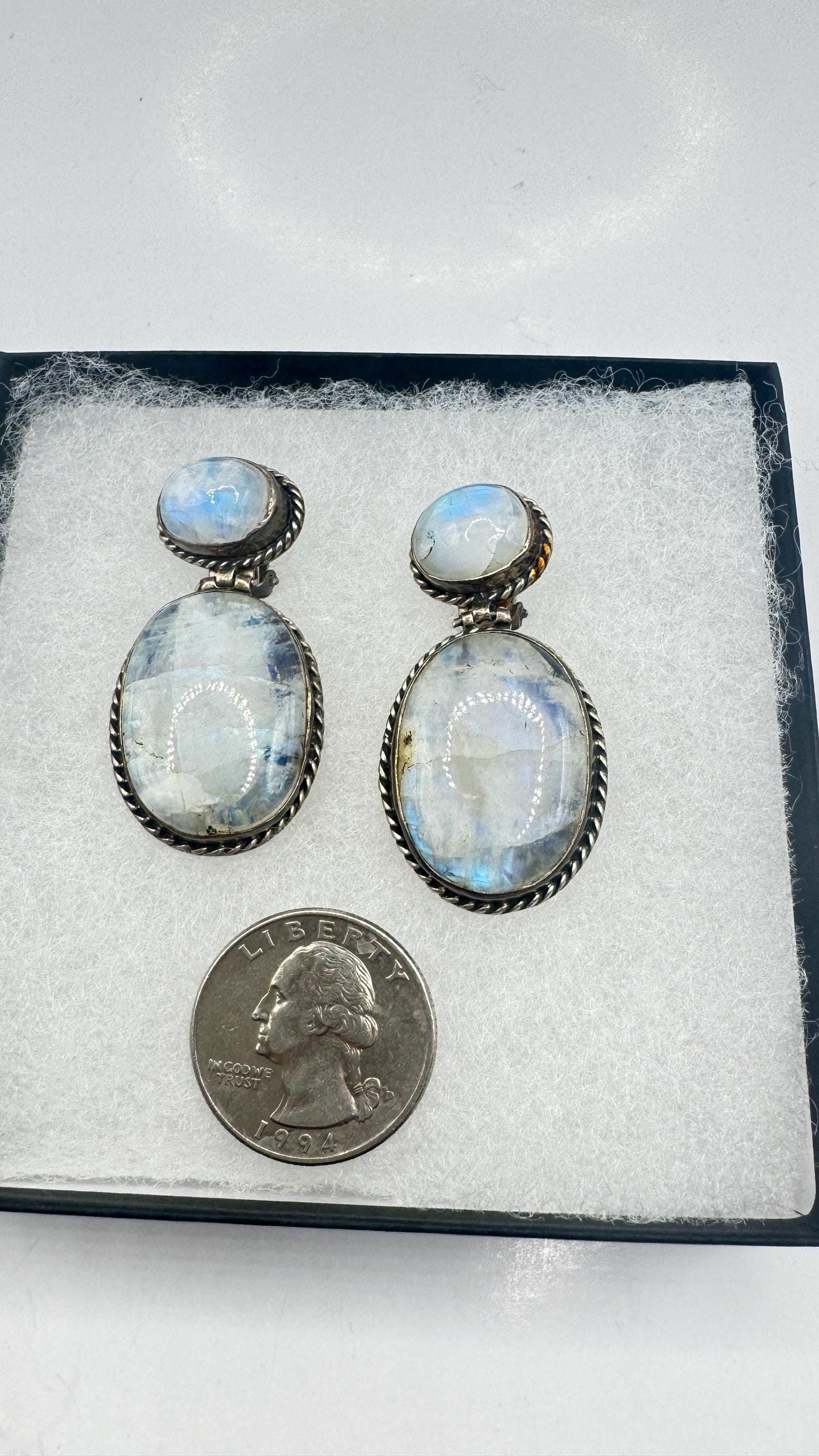 Vintage Rainbow Moonstone Sterling Silver Lever Back Dangle Earrings