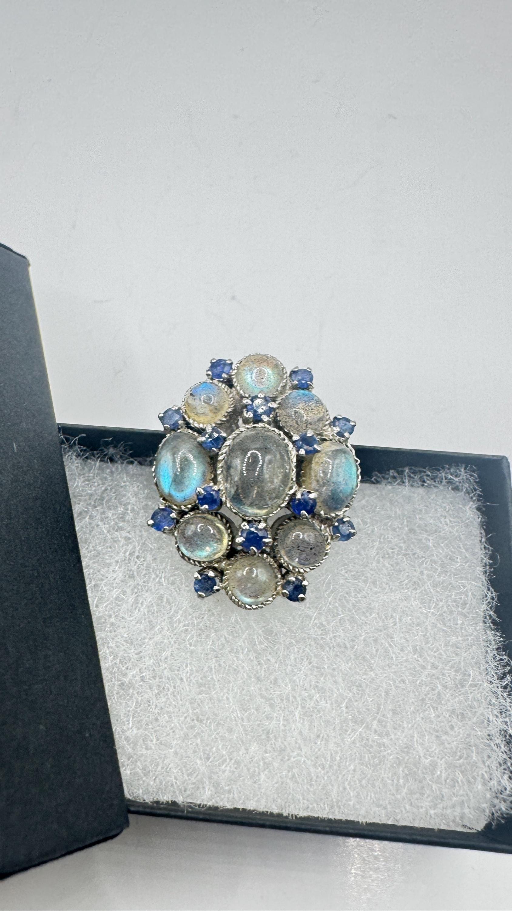 Vintage Labradorite Blue Sapphire 925 Sterling Silver Gothic Ring Size 6.25