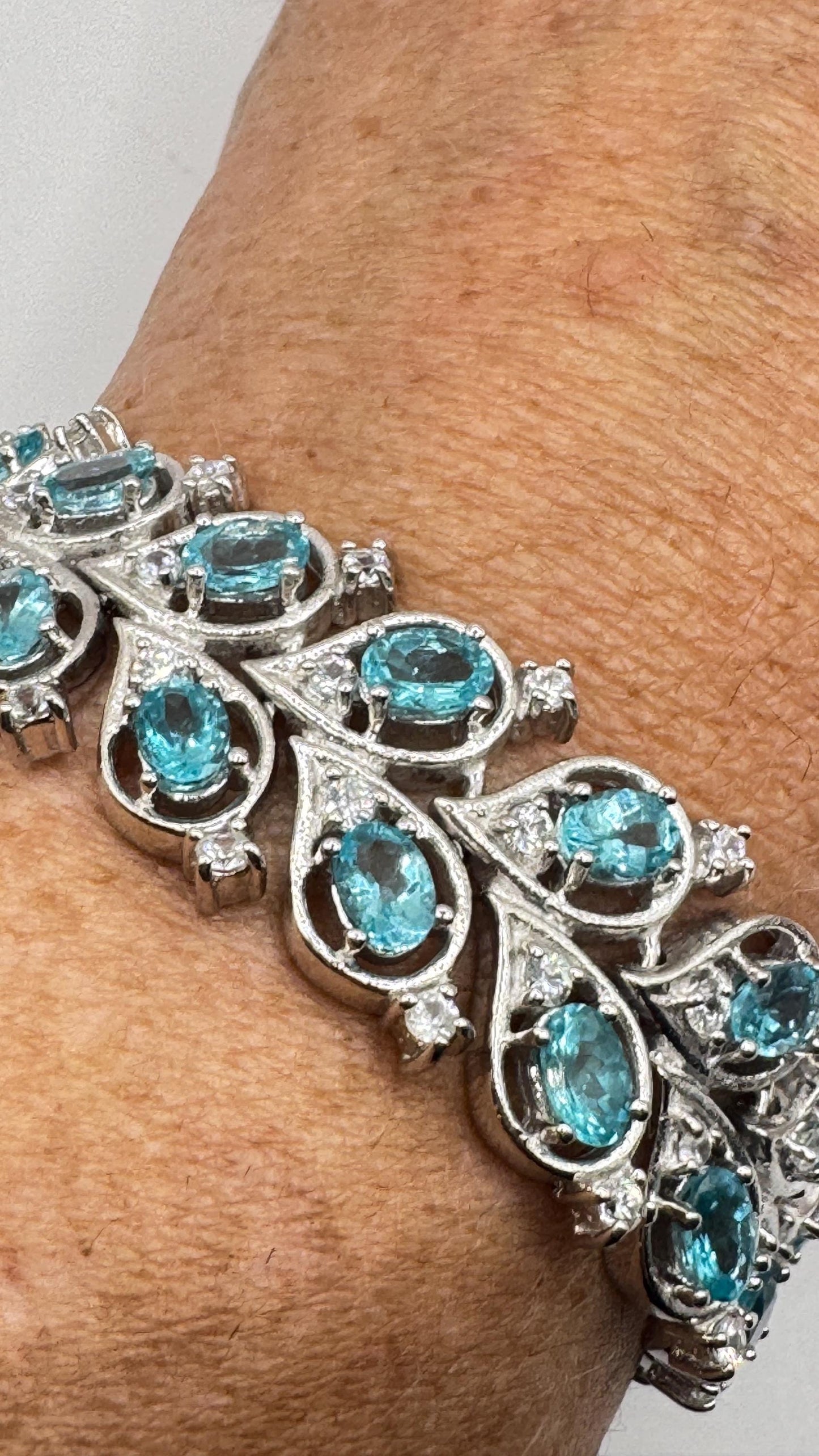 Vintage Genuine Blue Flourite 925 Sterling Silver Chunky Statement Bracelet