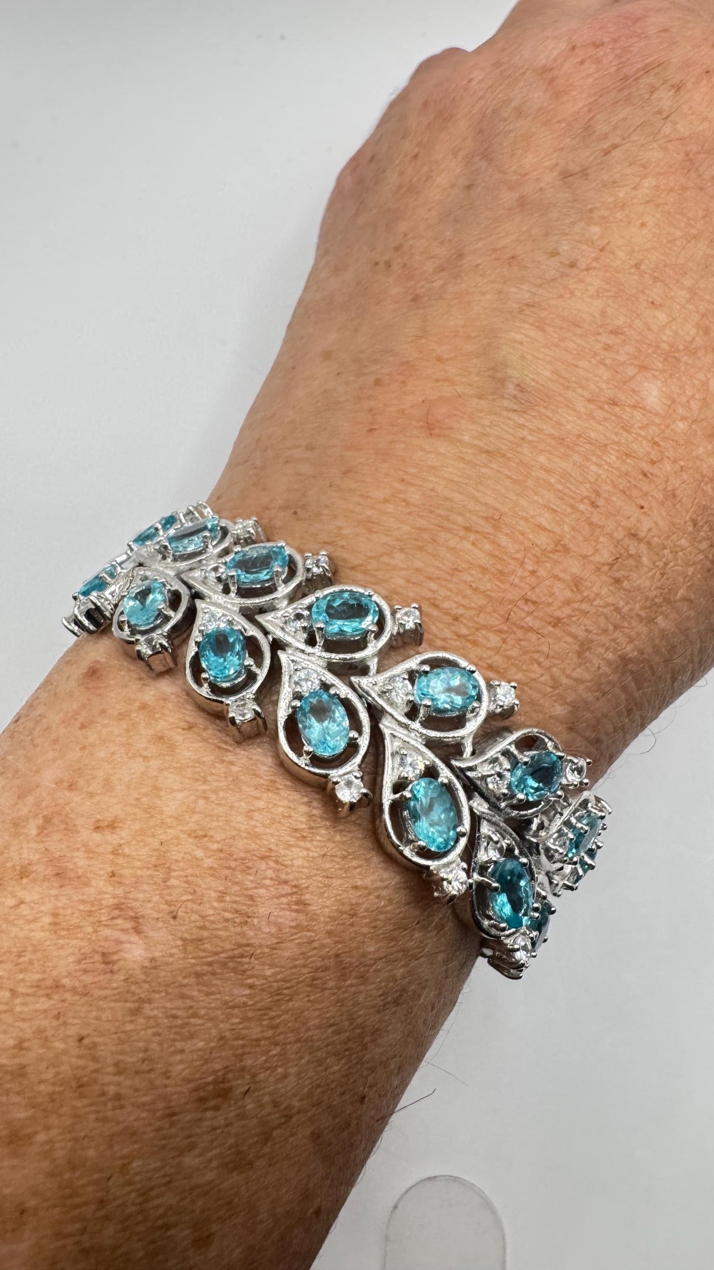 Vintage Genuine Blue Flourite 925 Sterling Silver Chunky Statement Bracelet