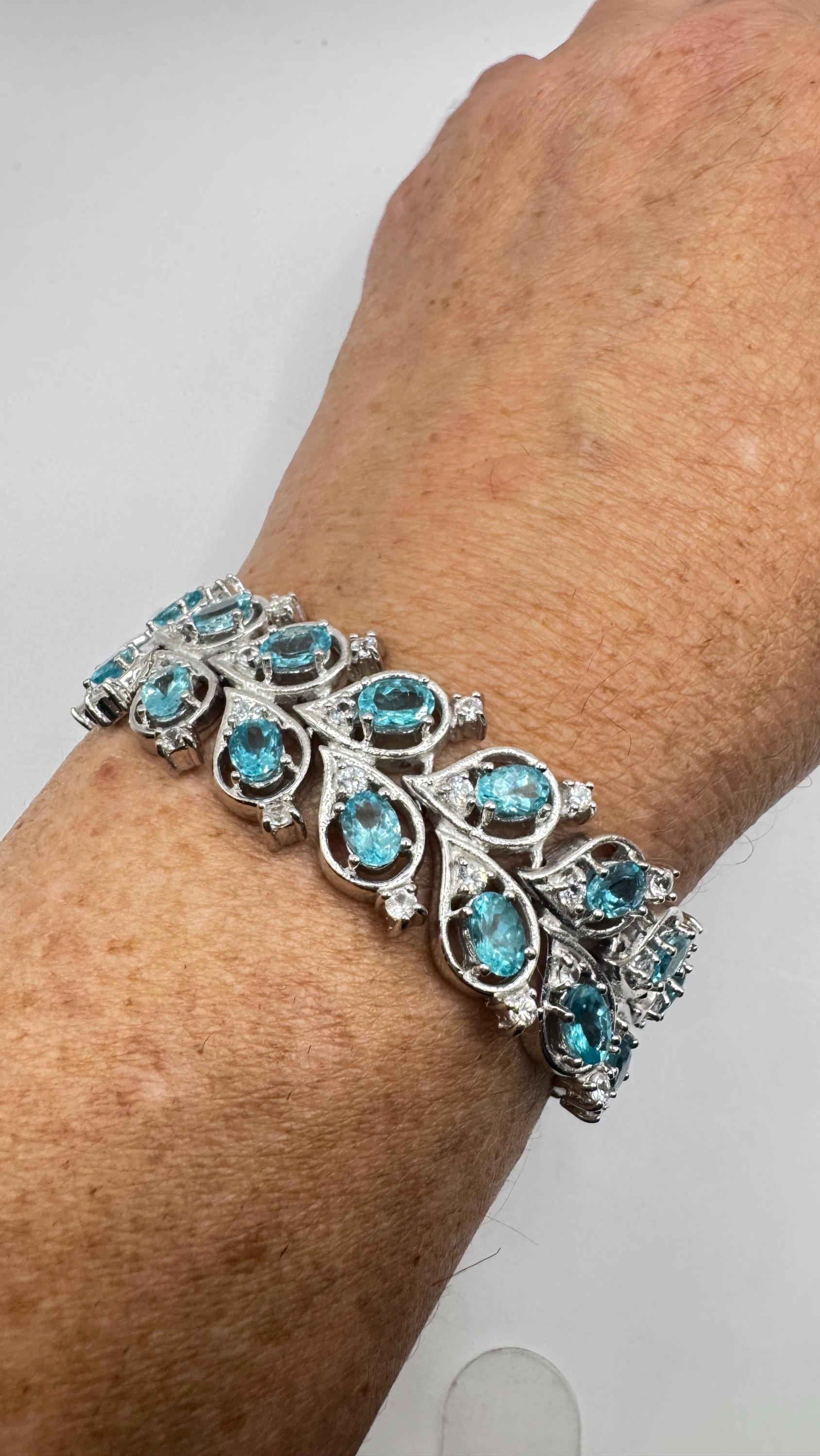 Vintage Genuine Blue Flourite 925 Sterling Silver Chunky Statement Bracelet