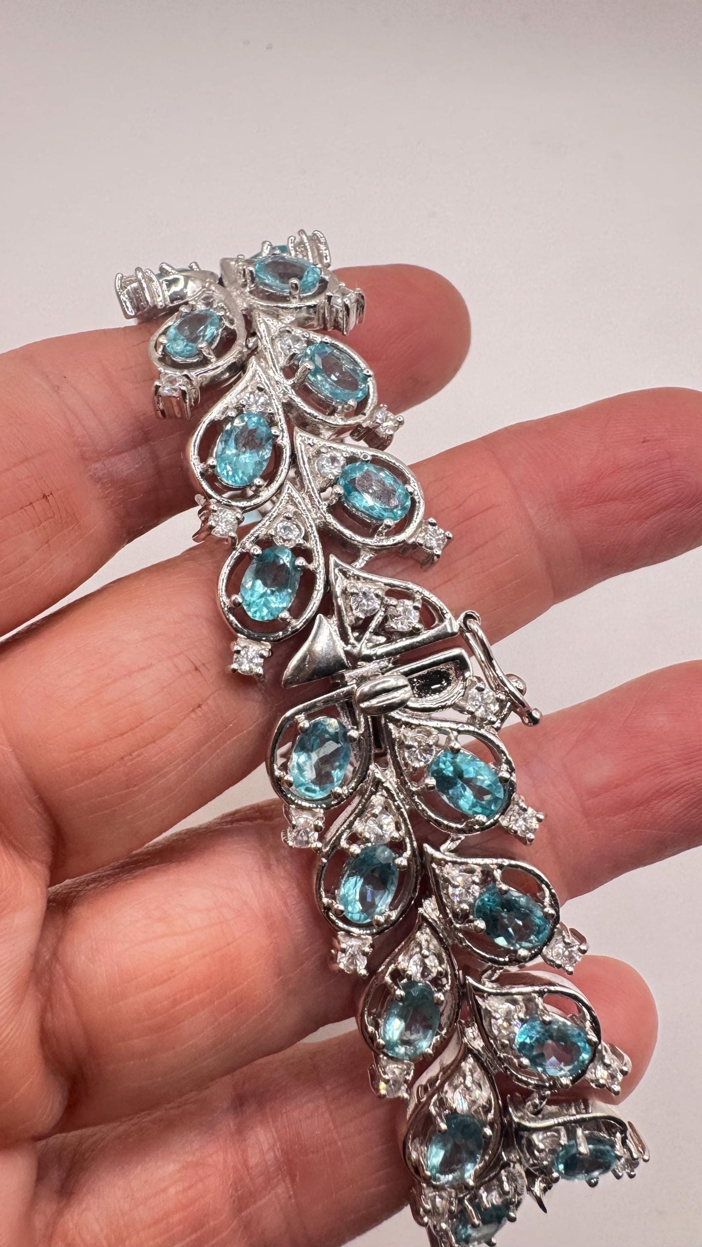 Vintage Genuine Blue Flourite 925 Sterling Silver Chunky Statement Bracelet