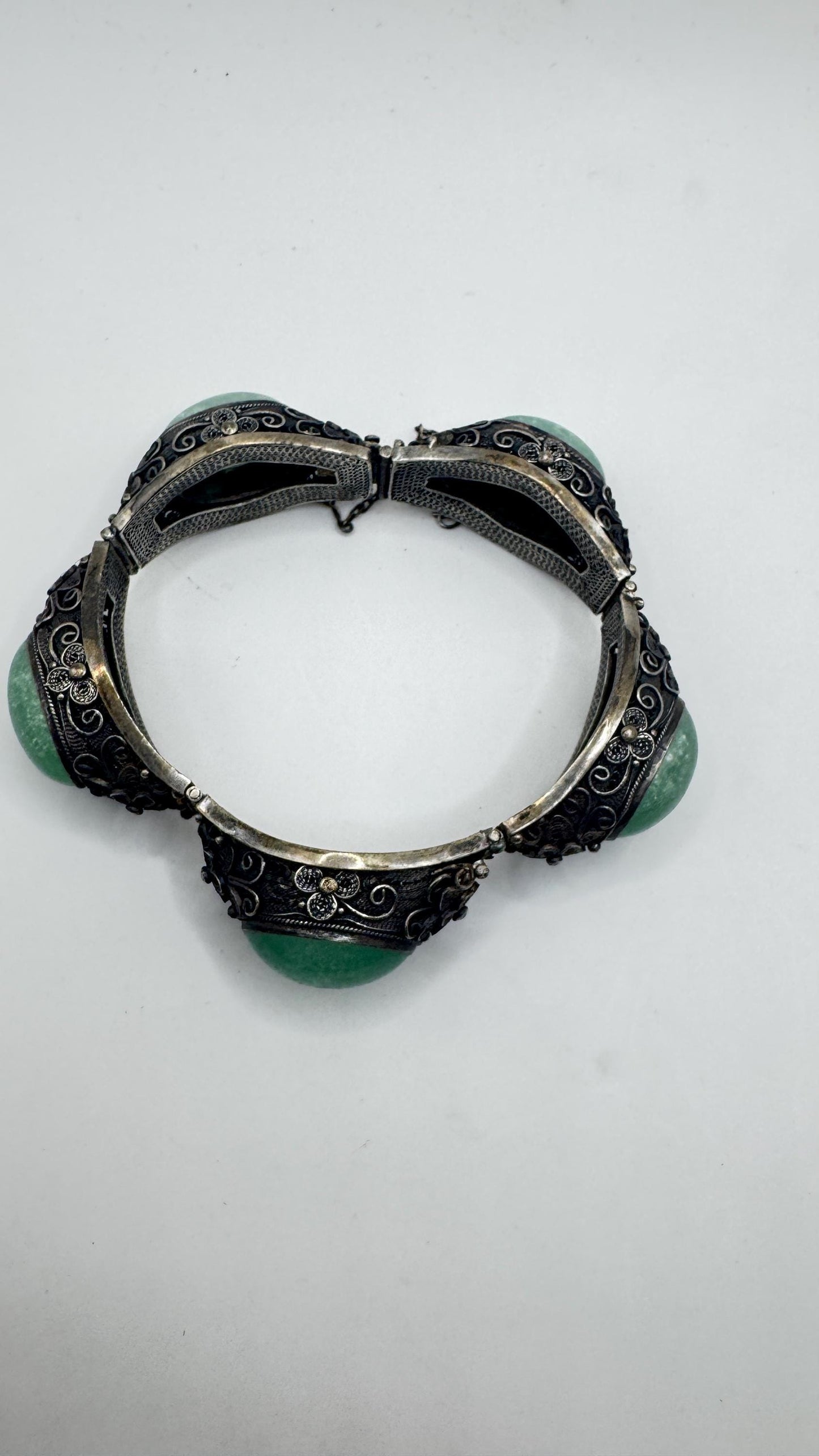 Vintage Green Nephite Jade Bracelet 925 Sterling Silver Filigree