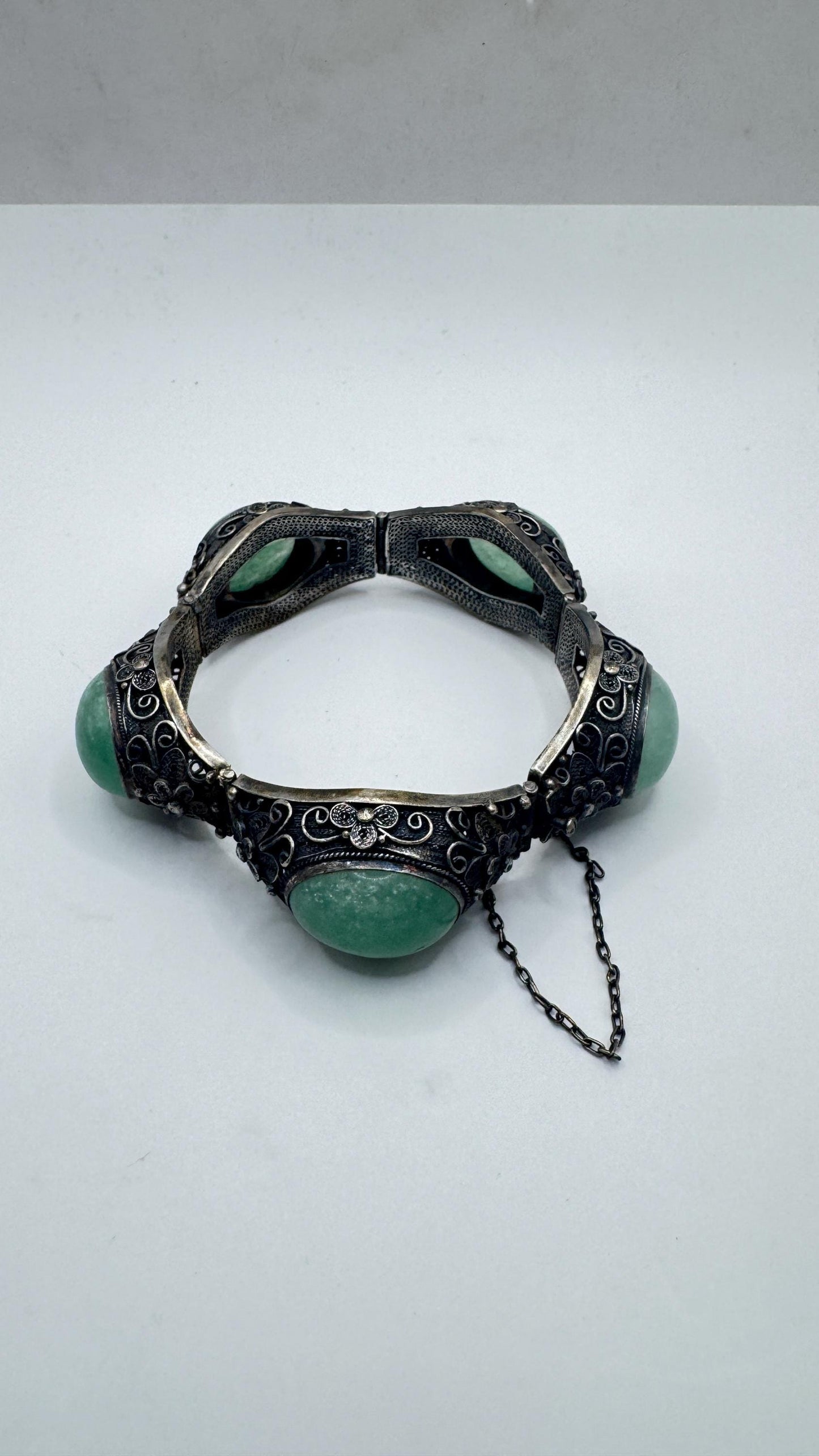 Vintage Green Nephite Jade Bracelet 925 Sterling Silver Filigree