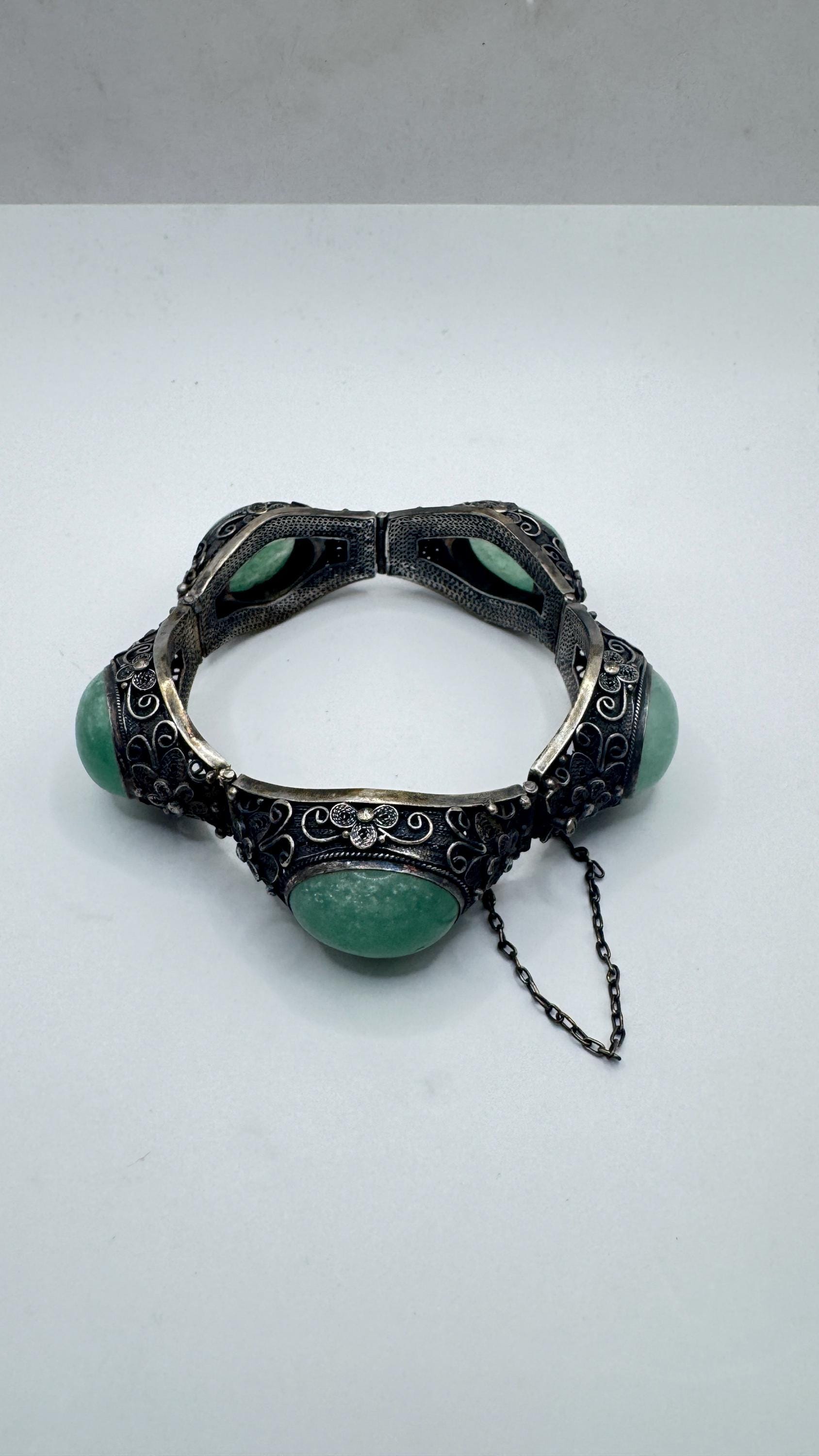 Vintage Green Nephite Jade Bracelet 925 Sterling Silver Filigree