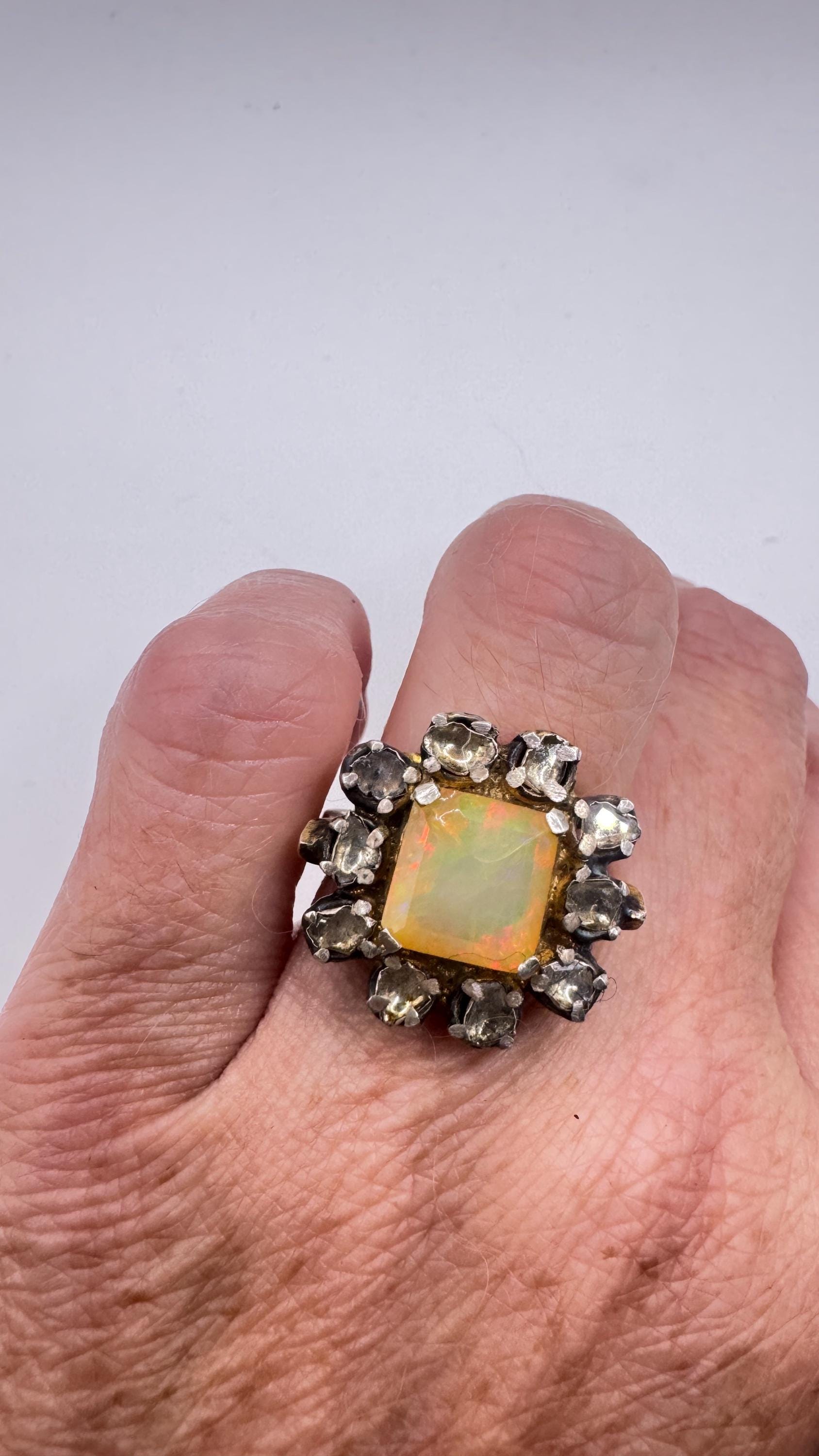 Vintage Orange Fire Opal 925 Sterling Silver flat cut Diamond Ring