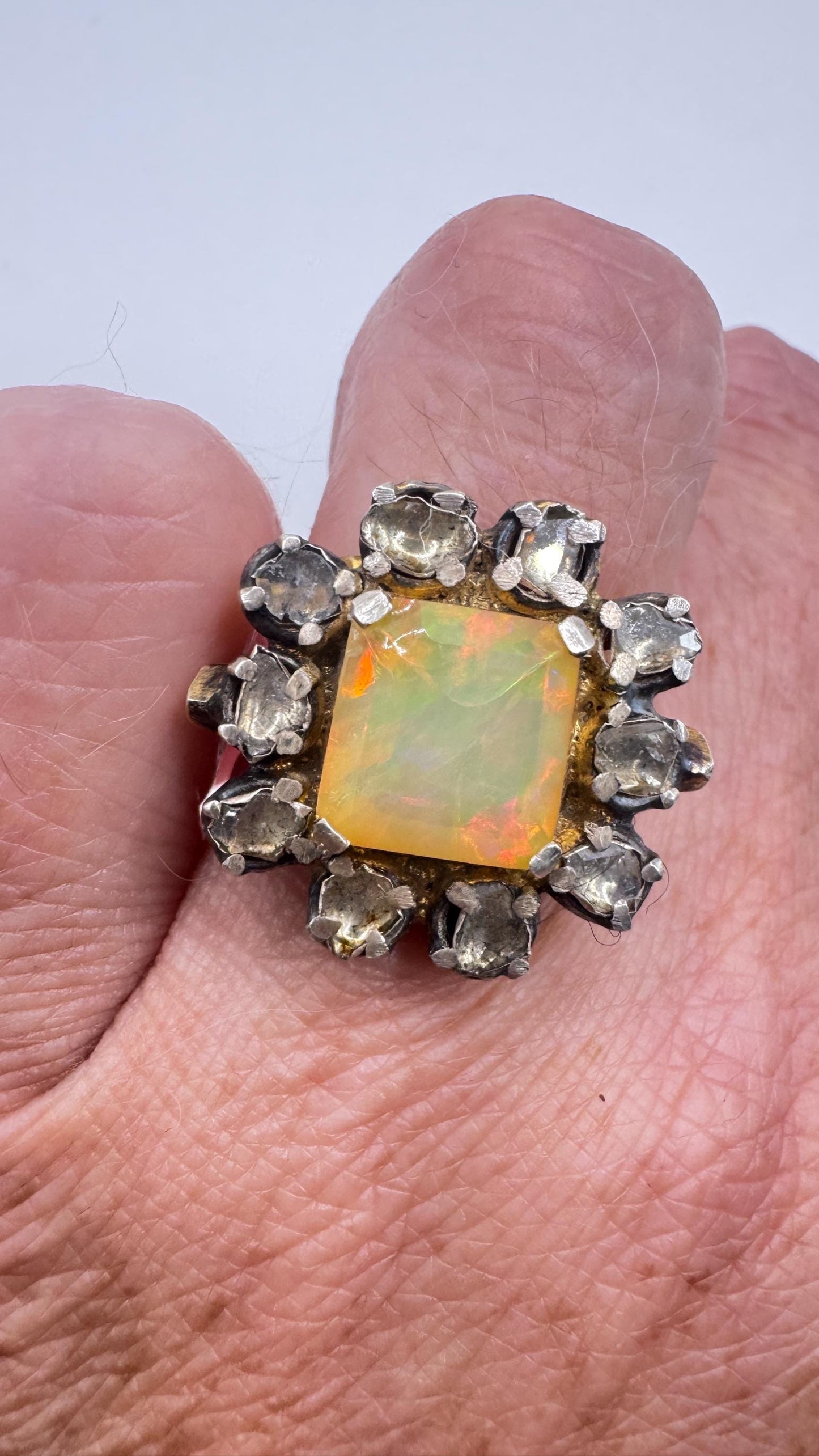 Vintage Orange Fire Opal 925 Sterling Silver flat cut Diamond Ring