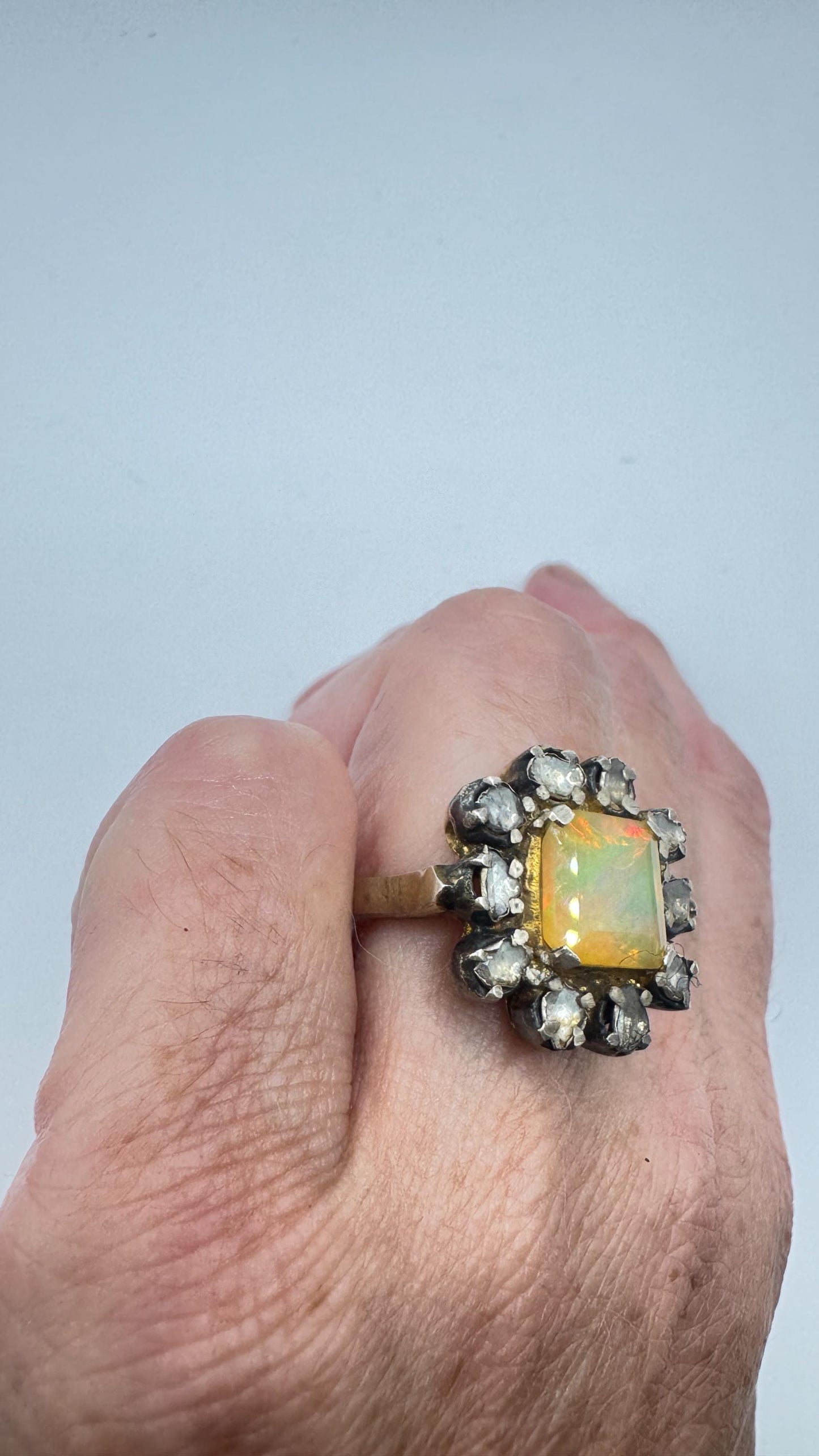 Vintage Orange Fire Opal 925 Sterling Silver flat cut Diamond Ring