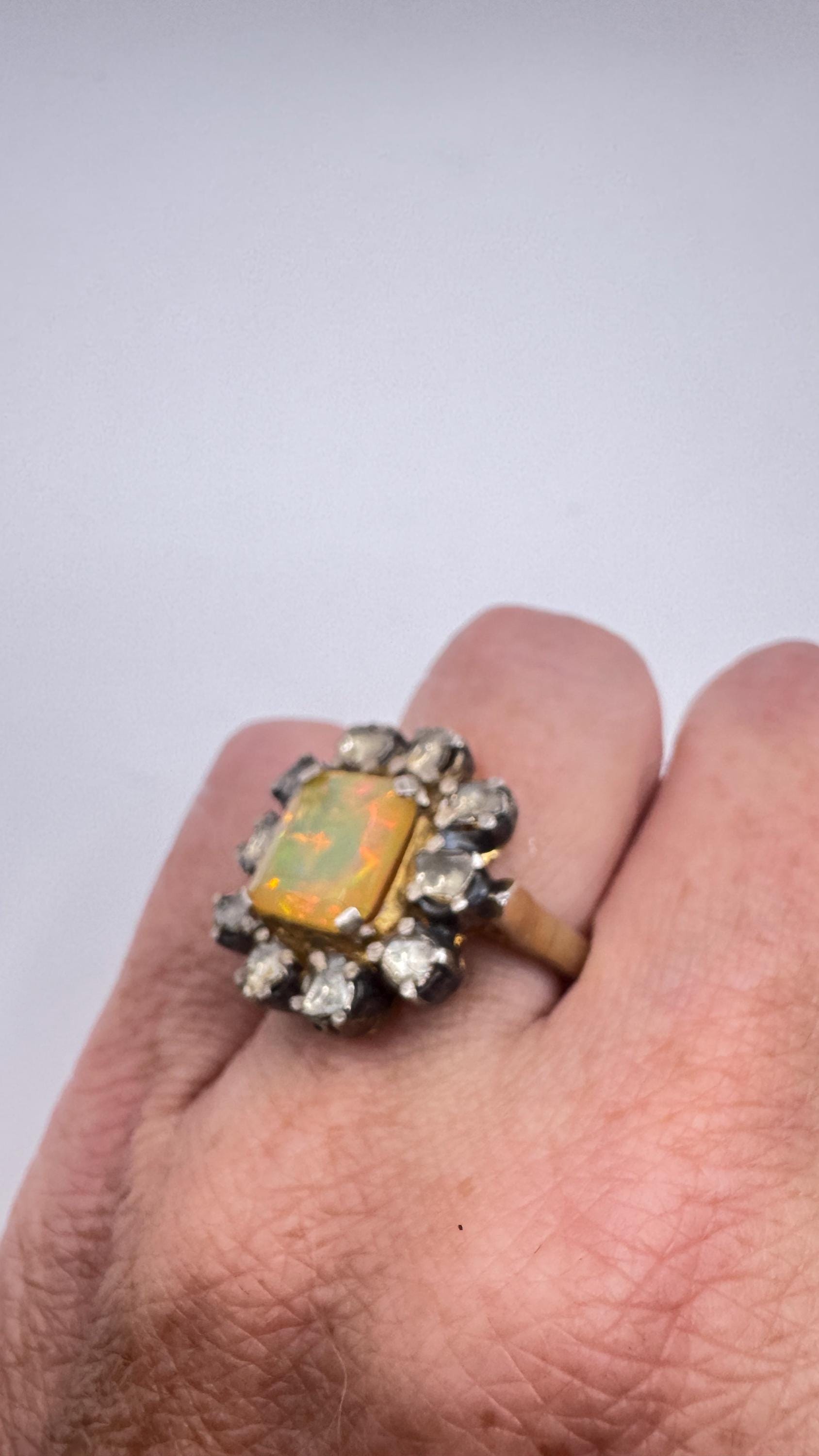 Vintage Orange Fire Opal 925 Sterling Silver flat cut Diamond Ring