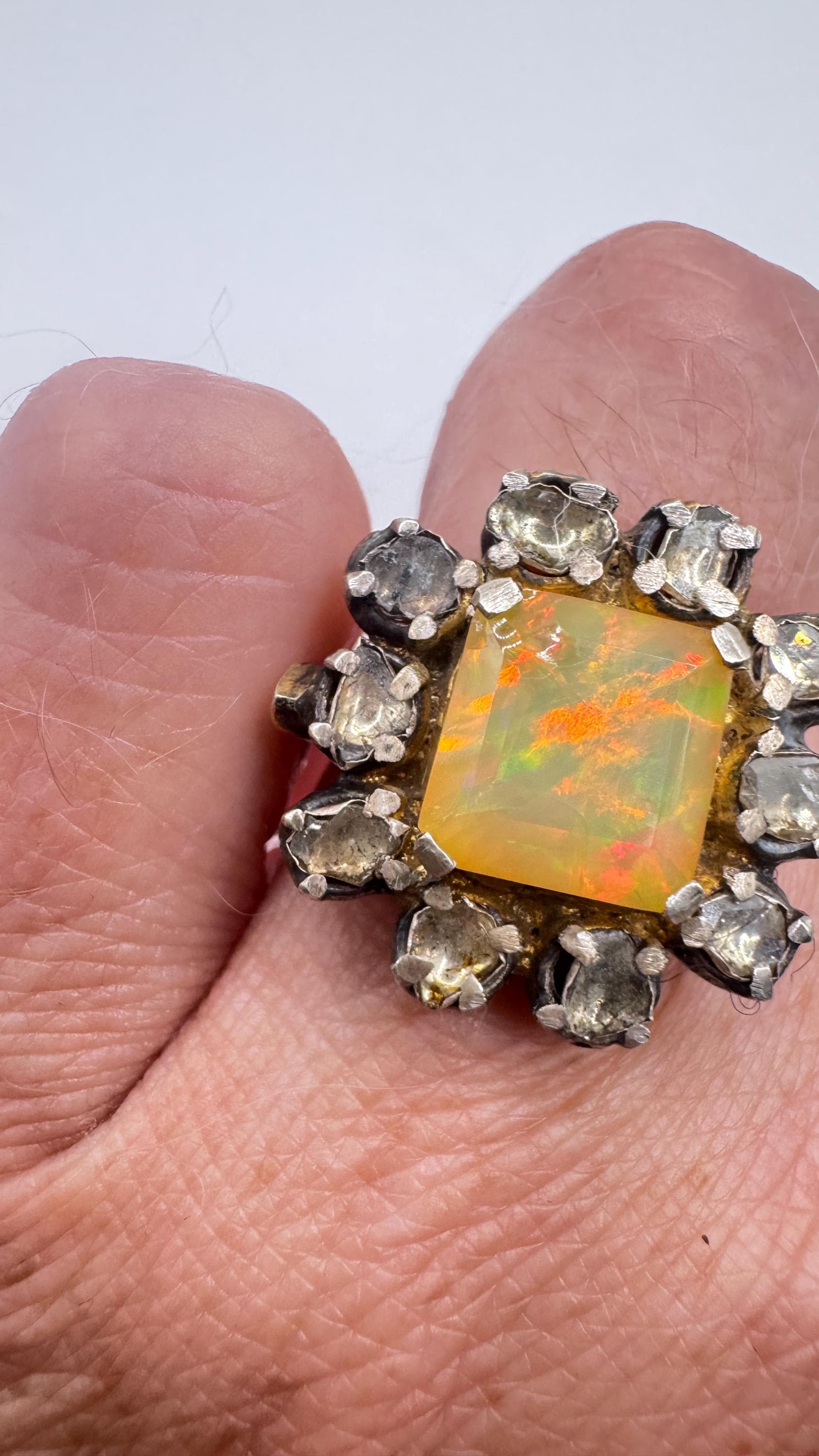 Vintage Orange Fire Opal 925 Sterling Silver flat cut Diamond Ring