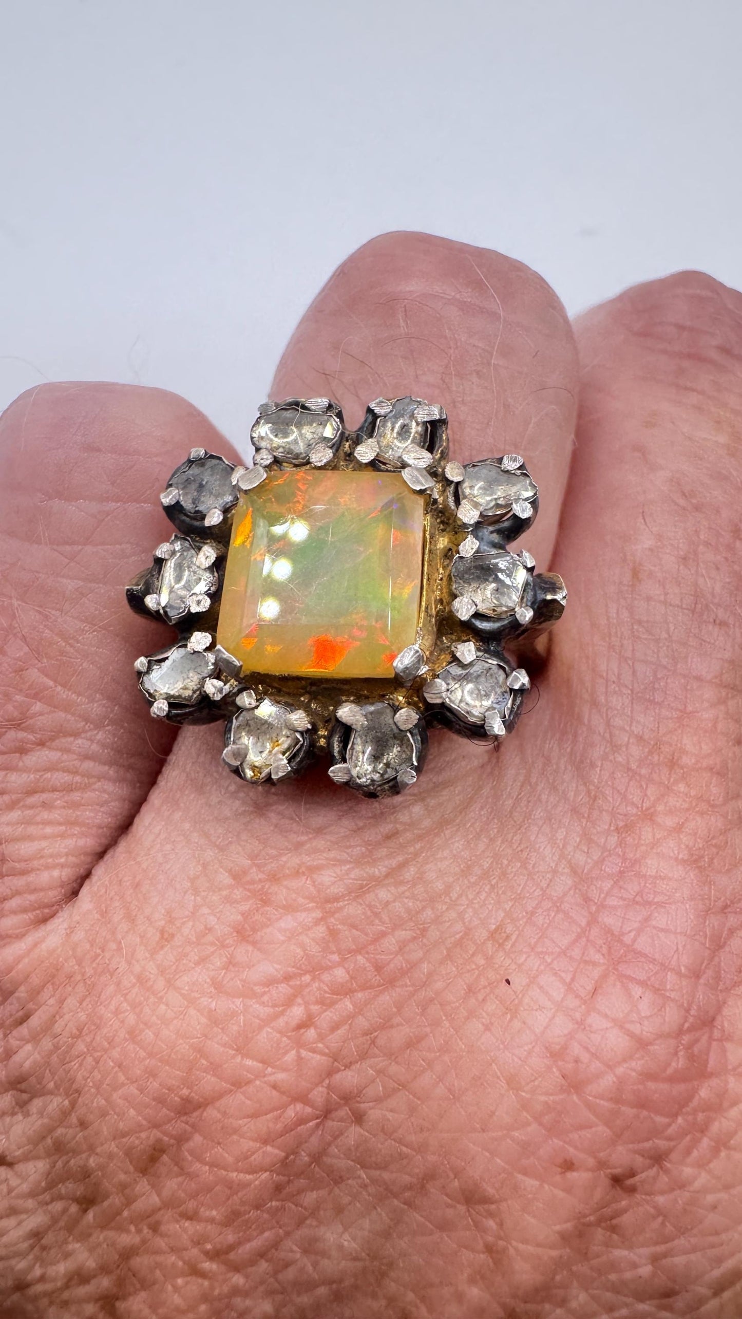 Vintage Orange Fire Opal 925 Sterling Silver flat cut Diamond Ring