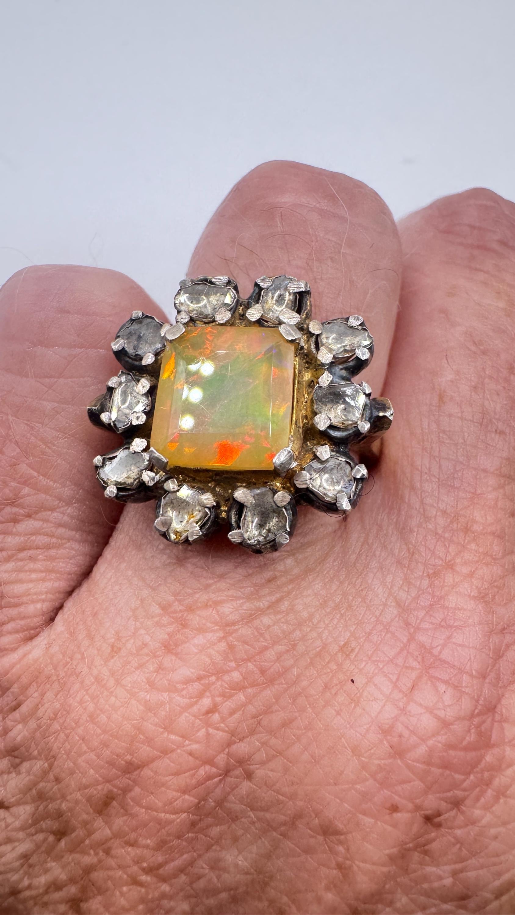 Vintage Orange Fire Opal 925 Sterling Silver flat cut Diamond Ring