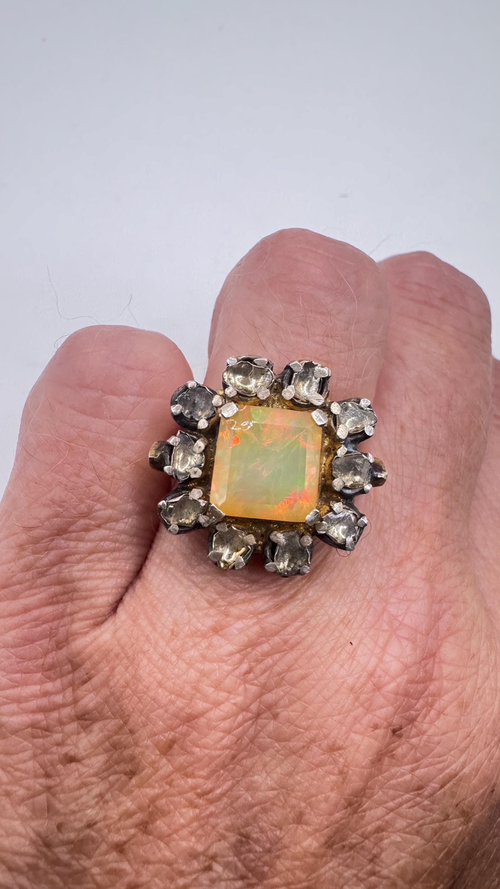 Vintage Orange Fire Opal 925 Sterling Silver flat cut Diamond Ring
