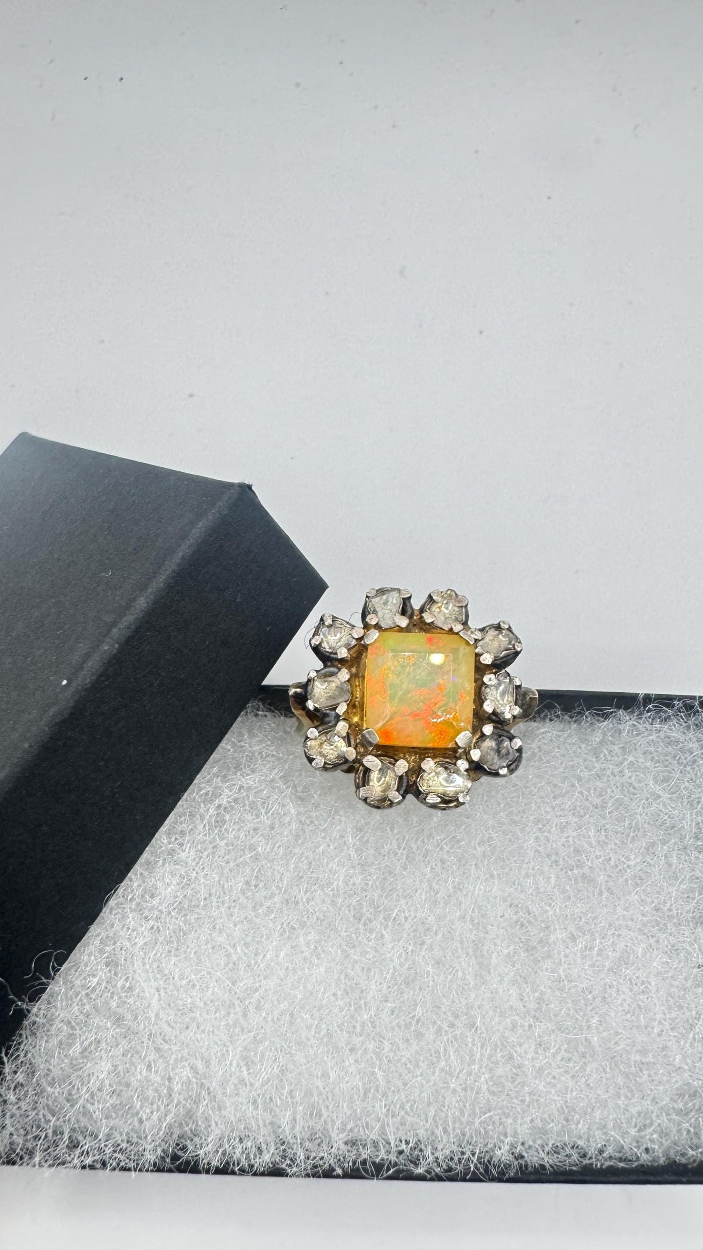 Vintage Orange Fire Opal 925 Sterling Silver flat cut Diamond Ring