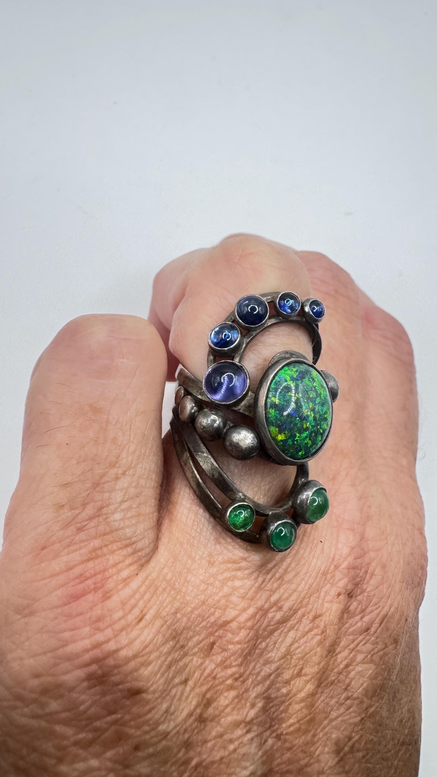 Vintage Black Fire Opal Emerald Iolite 925 Sterling Silver Ring