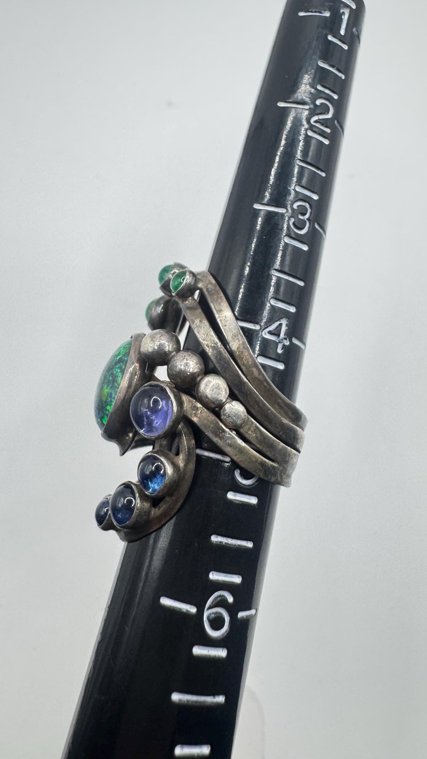 Vintage Black Fire Opal Emerald Iolite 925 Sterling Silver Ring