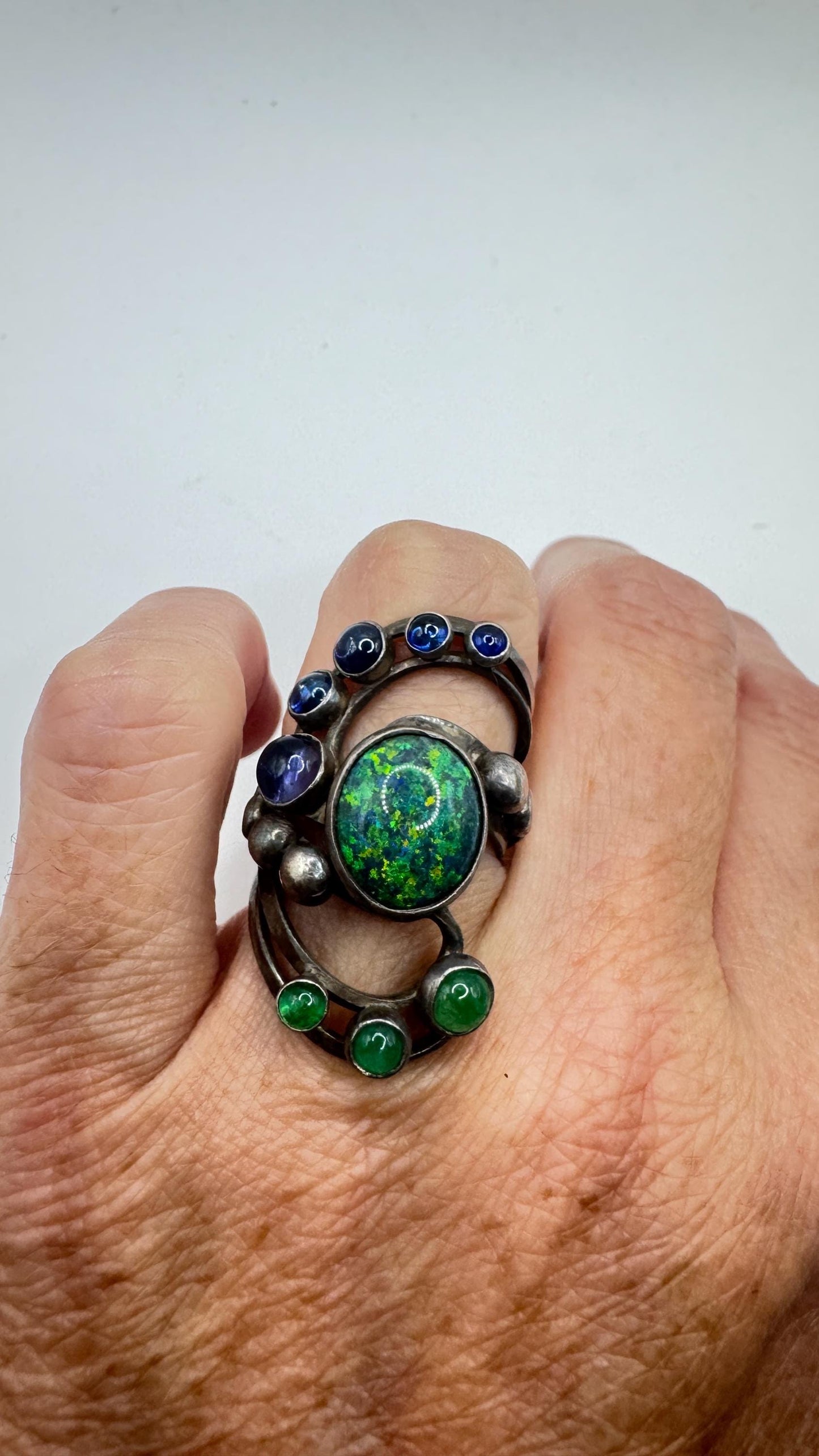 Vintage Black Fire Opal Emerald Iolite 925 Sterling Silver Ring