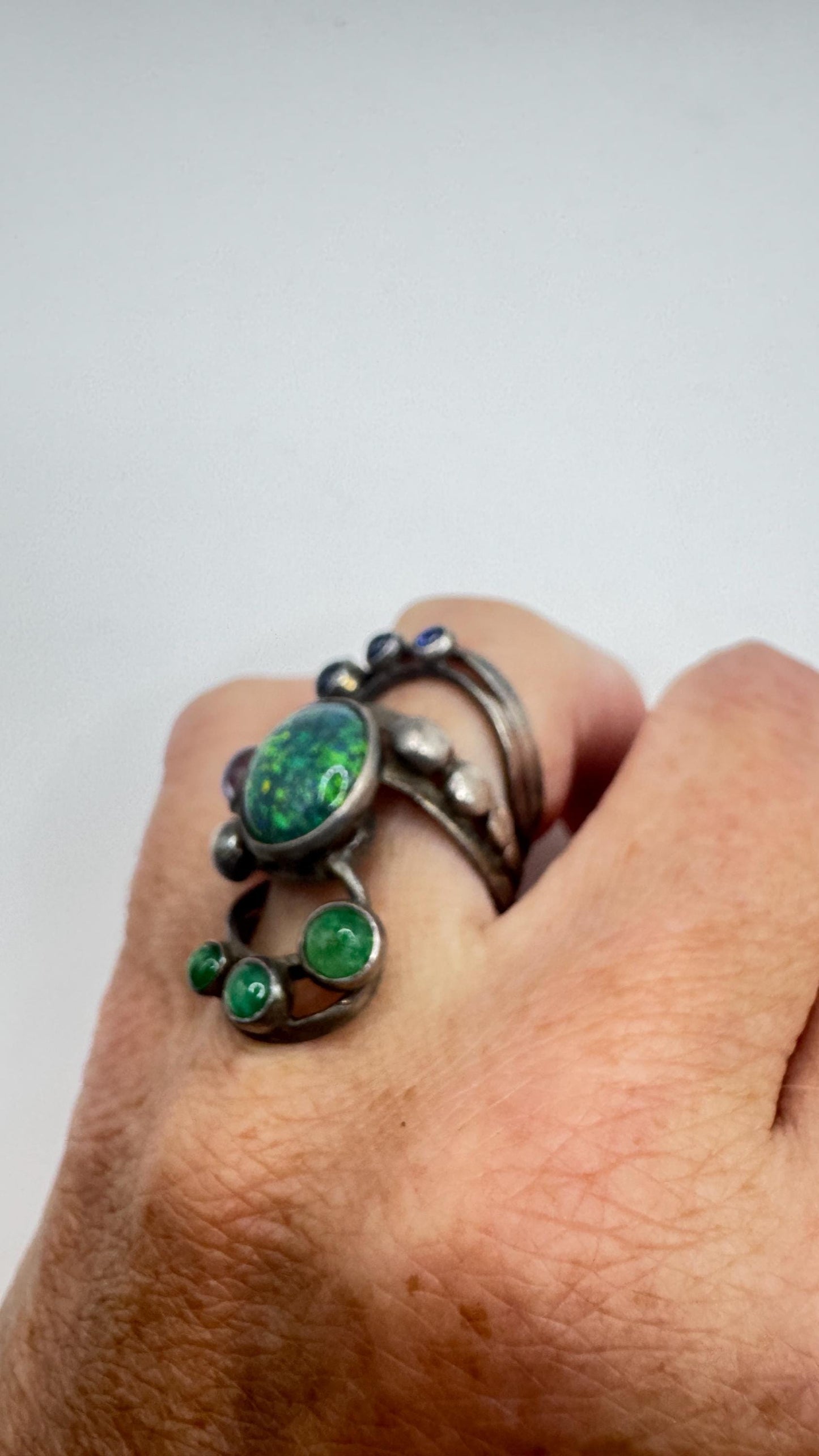 Vintage Black Fire Opal Emerald Iolite 925 Sterling Silver Ring