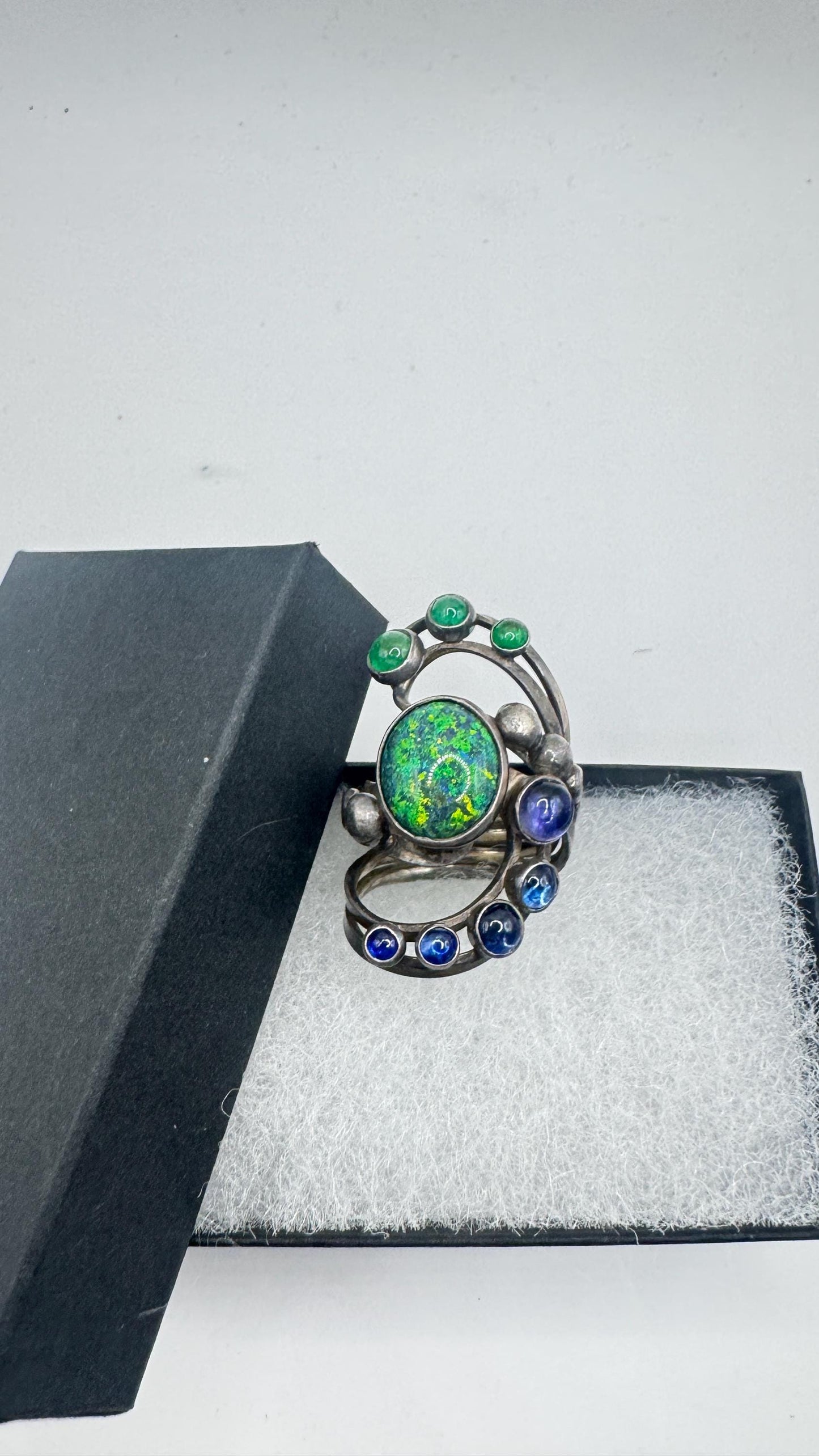 Vintage Black Fire Opal Emerald Iolite 925 Sterling Silver Ring