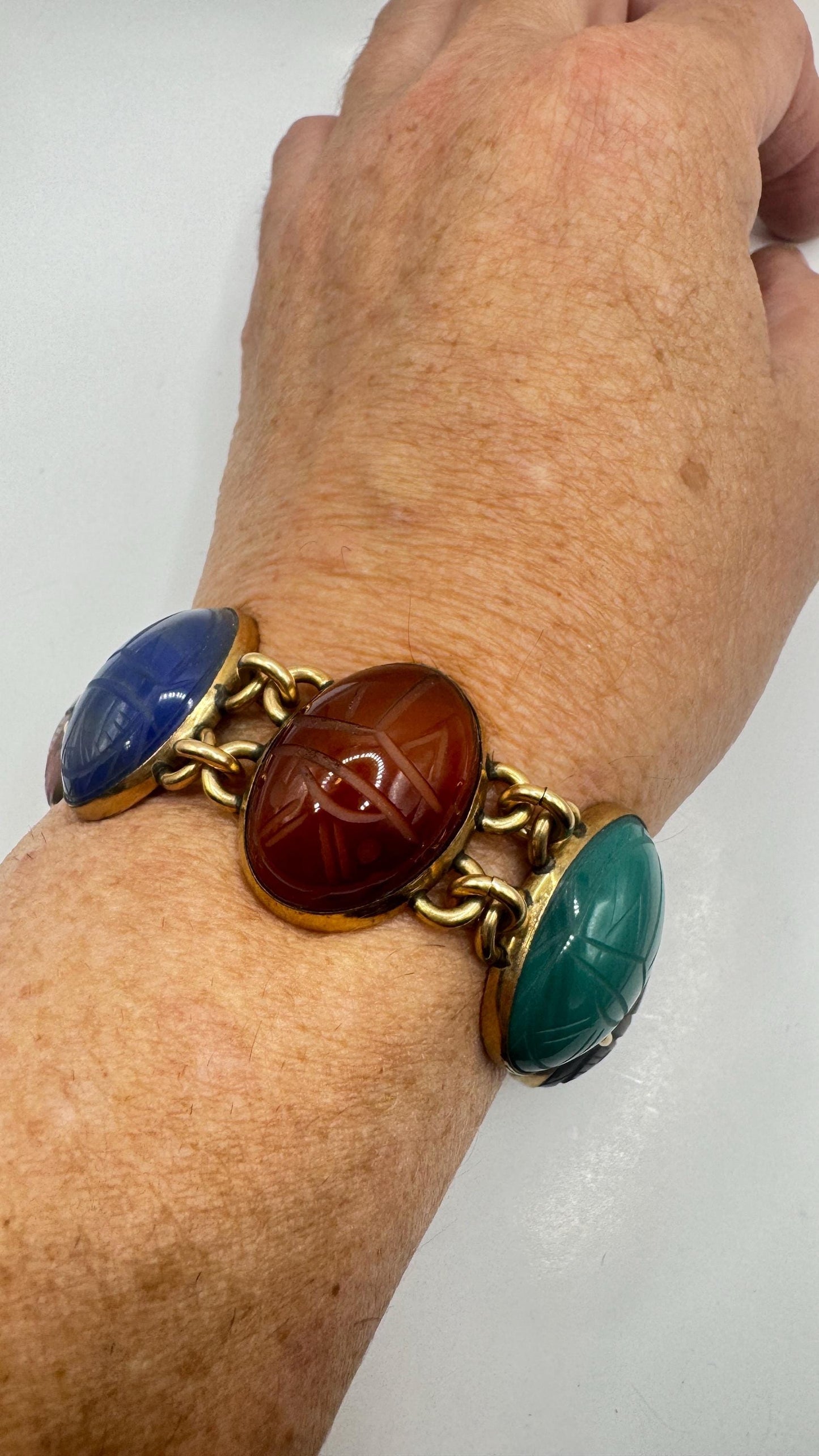 Vintage Scarab Bracelet Golden filled Carved Gemstones